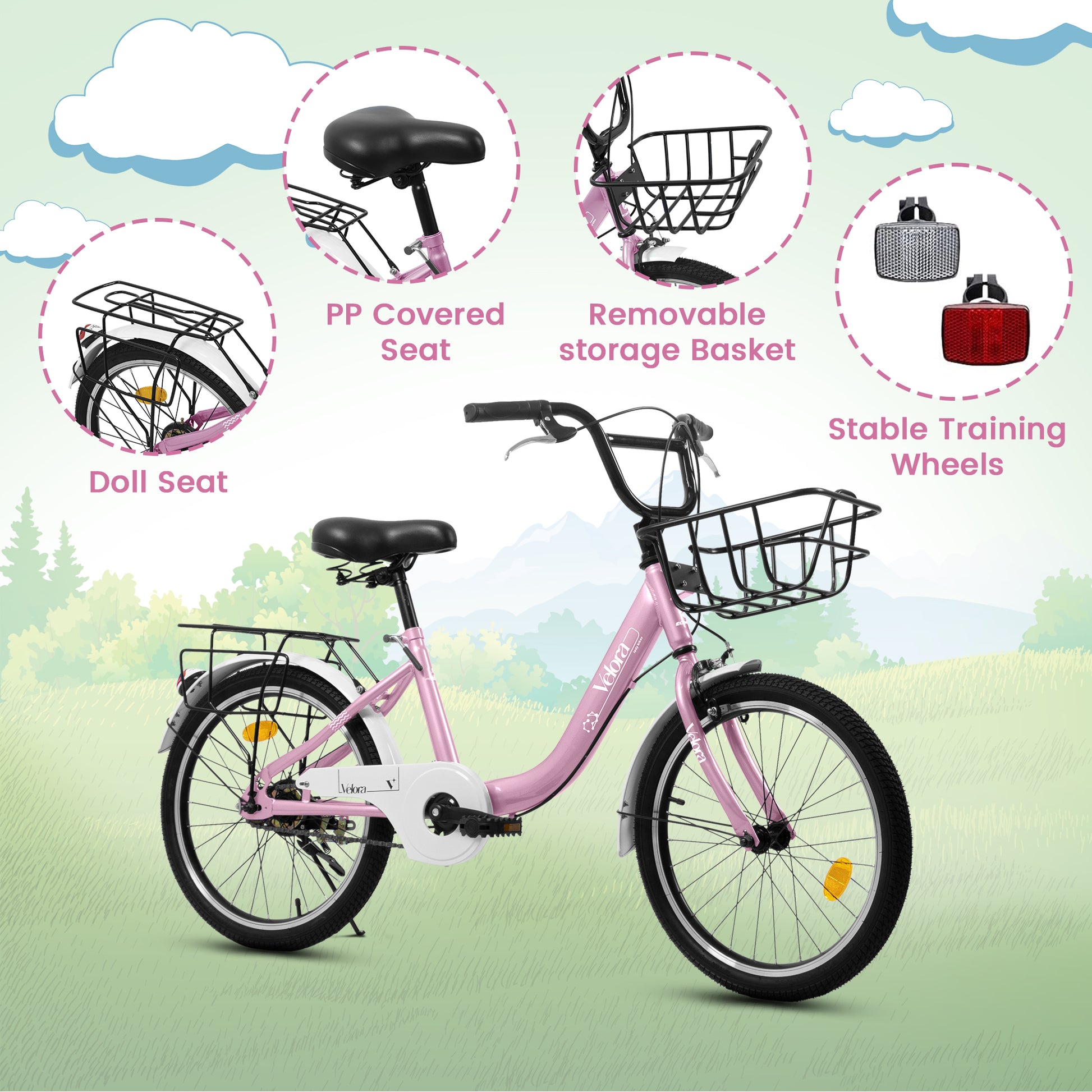 A20182 20 Inch Kids Bike For Boys & Girls, Children's Bicycle With Coaster Brake & V-Brake, 1-Speed, Chain Guard & Rear Rack, Lightweight Steel Frame Pink, Green, Purple, White - Loving My Life Outdoors