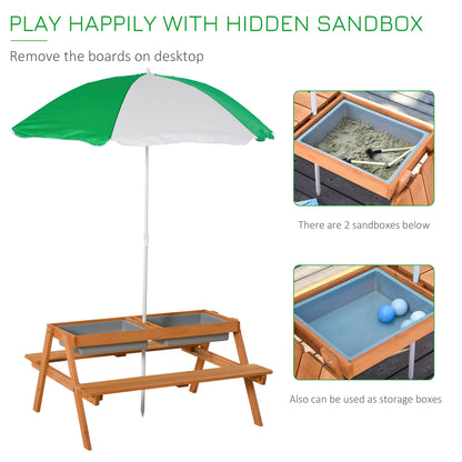 Kids 3 in 1 Sand and Water Table, Wooden Outdoor Convertible Picnic Table with Umbrella and Storage Inside.
