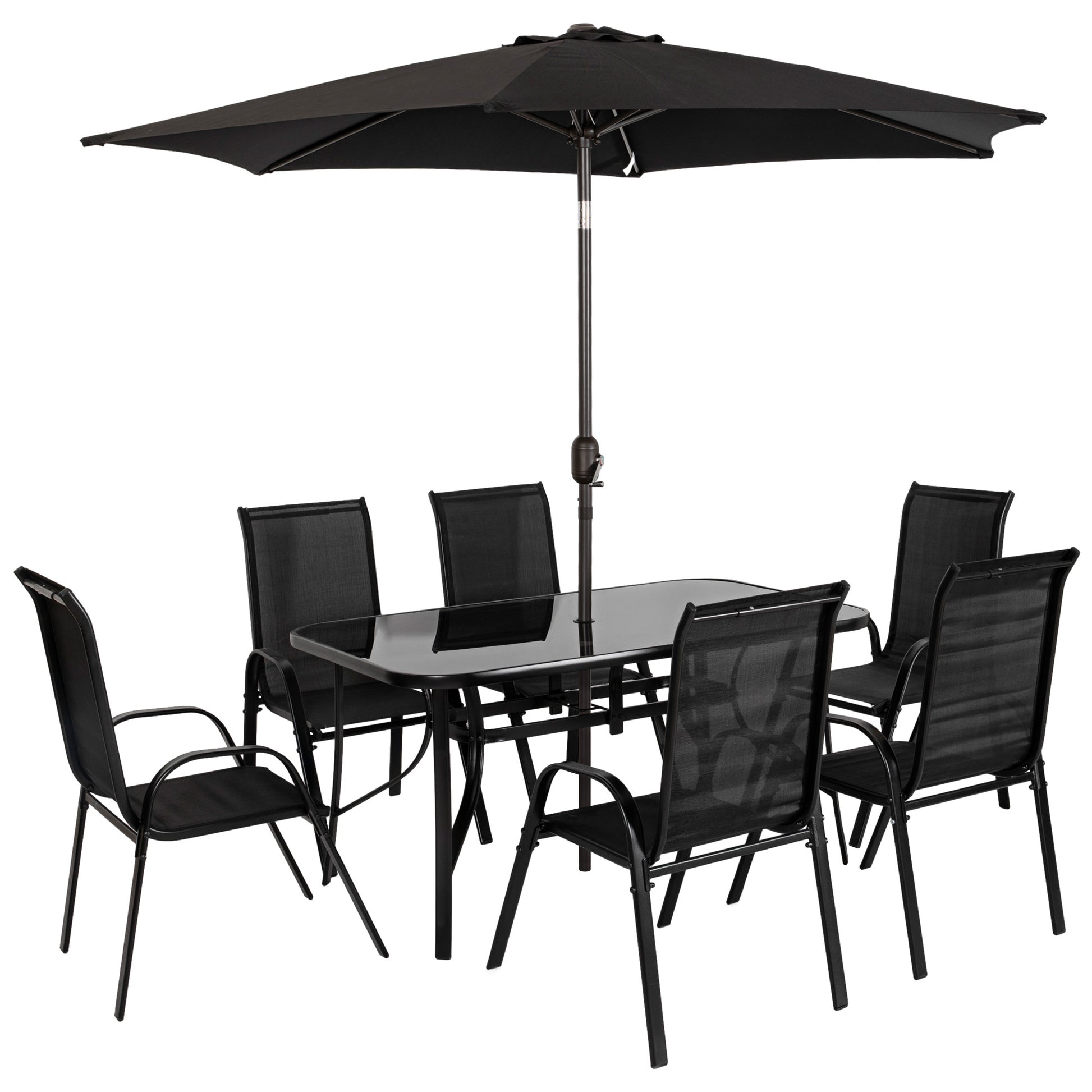 8 Pieces Patio Furniture Set with 9Ft Patio Umbrella, Outdoor Dining Table and Chairs, Black - Loving My Life Outdoors
