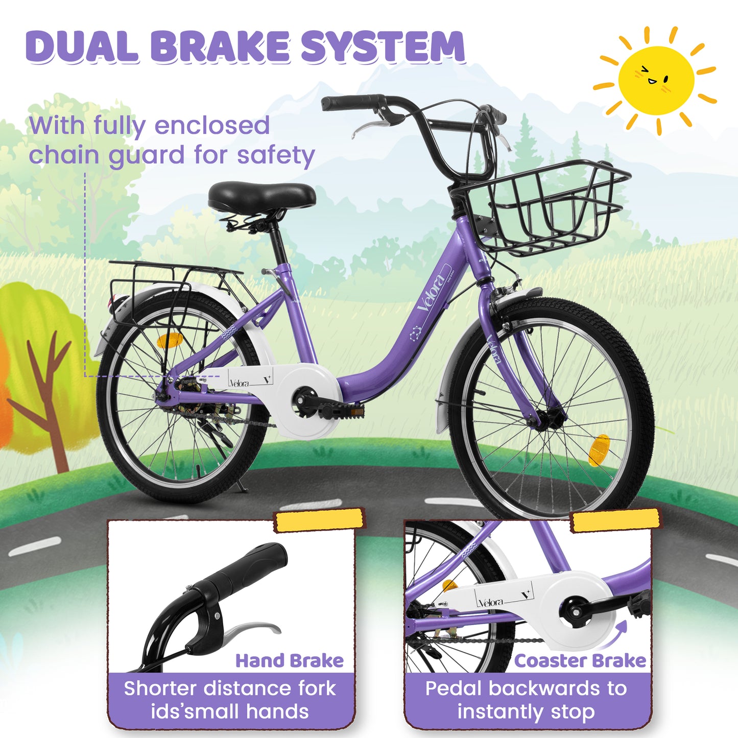 A20182 20 Inch Kids Bike For Boys & Girls, Children's Bicycle With Coaster Brake & V-Brake, 1-Speed, Chain Guard & Rear Rack, Lightweight Steel Frame Pink, Green, Purple, White - Loving My Life Outdoors