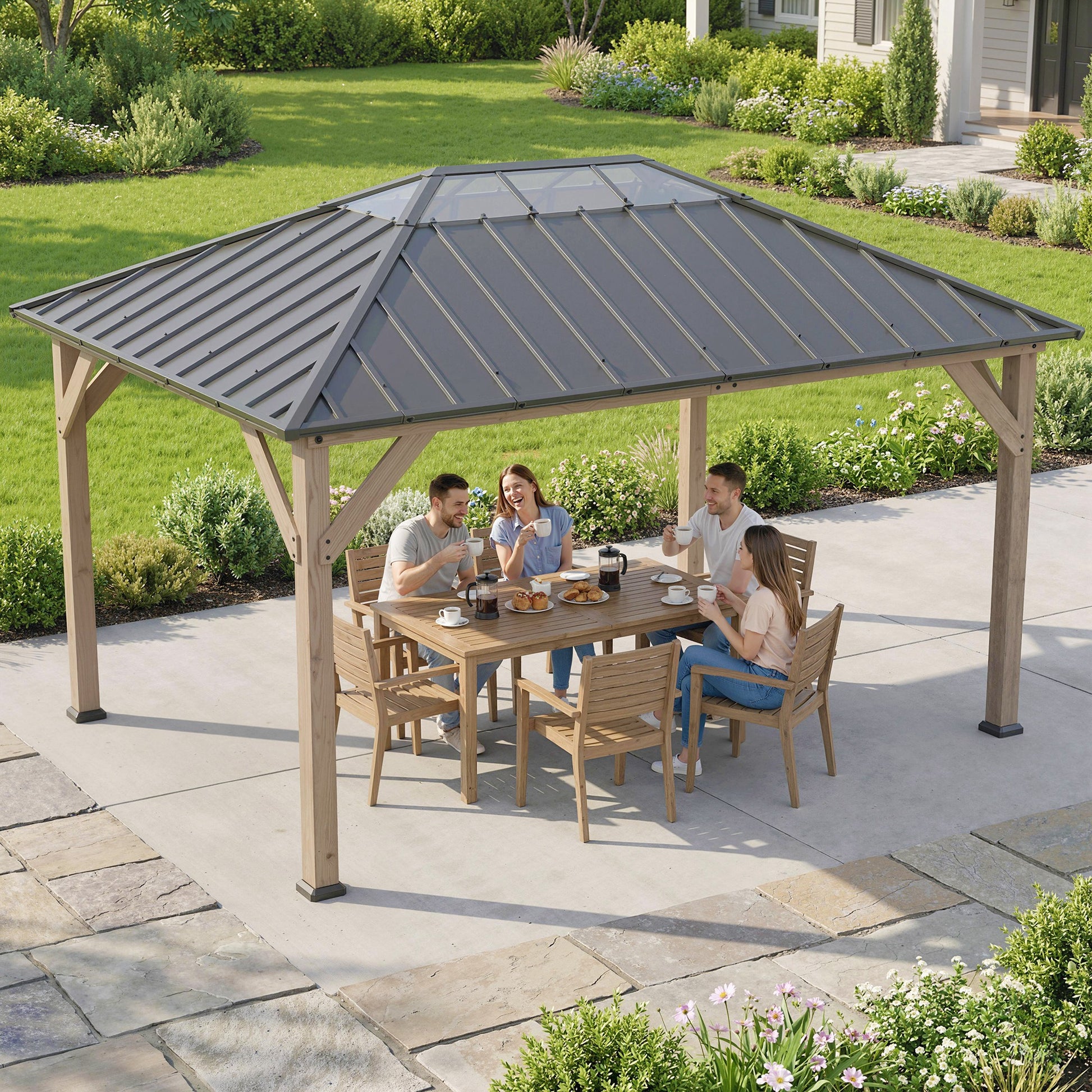 12' x 16' Hardtop Gazebo with Galvanized Steel Roof, UPF50+ Wood Permanent Pavilion with Clear Roof Top, Light Walnut - Loving My Life Outdoors