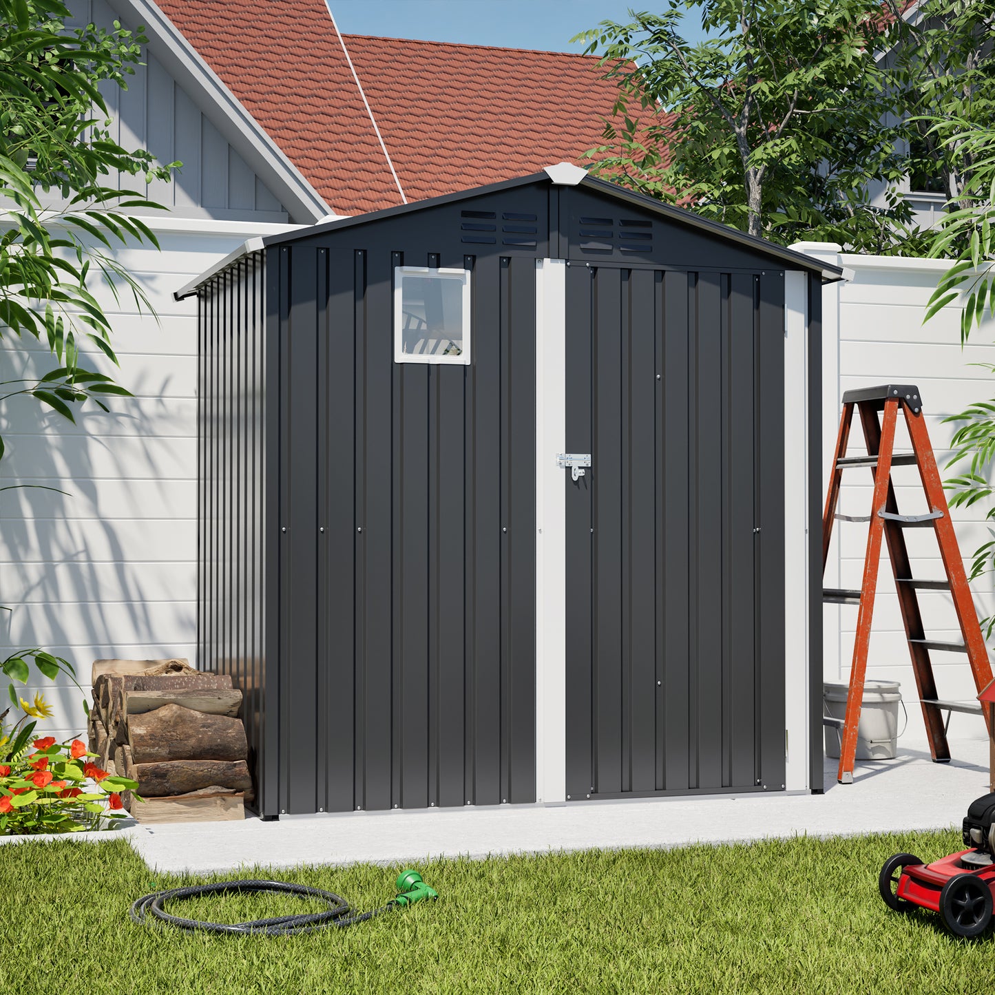 Black metal shed with a ladder against a white house and greenery