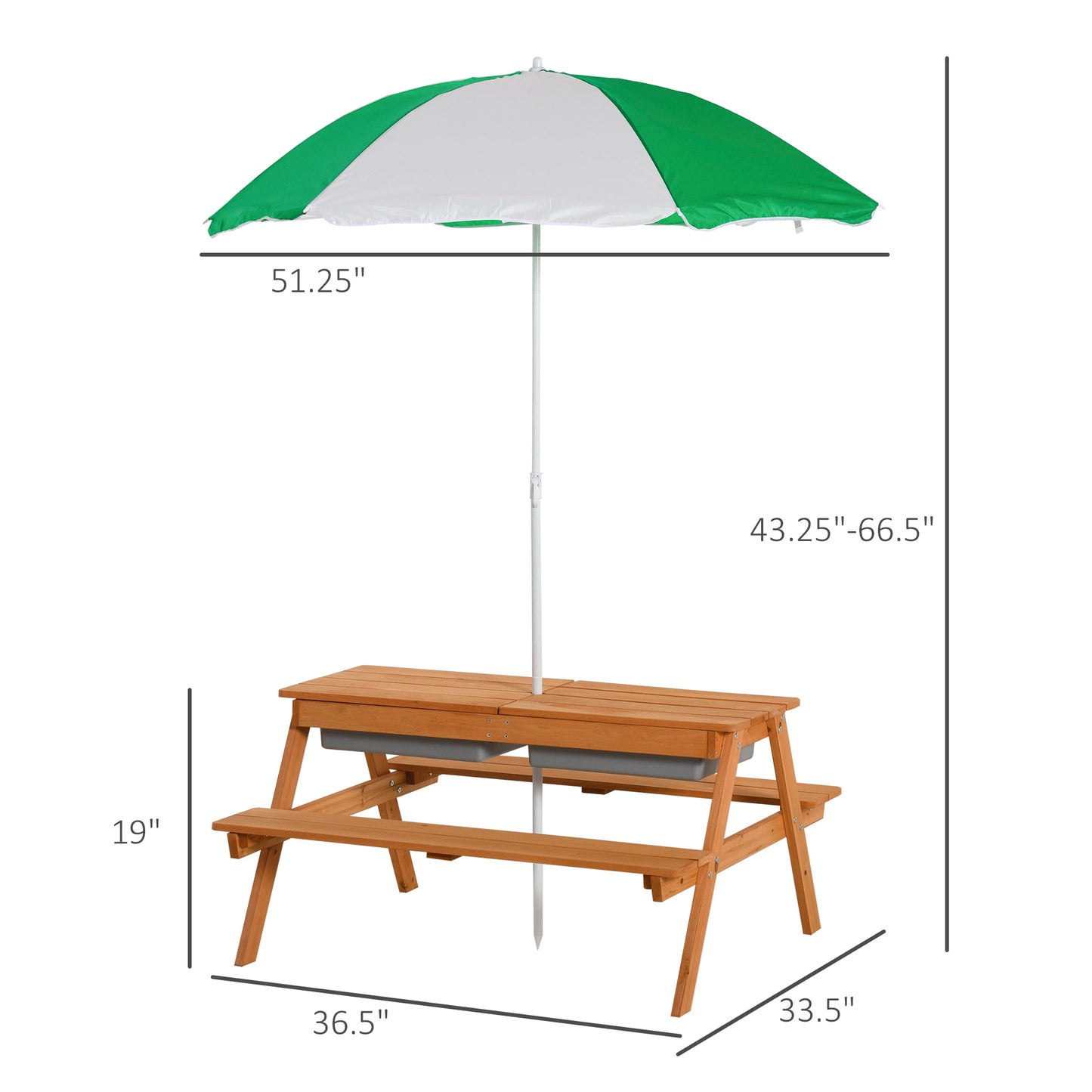 Kids 3 in 1 Sand and Water Table, Wooden Outdoor Convertible Picnic Table with Umbrella and Storage Inside.
