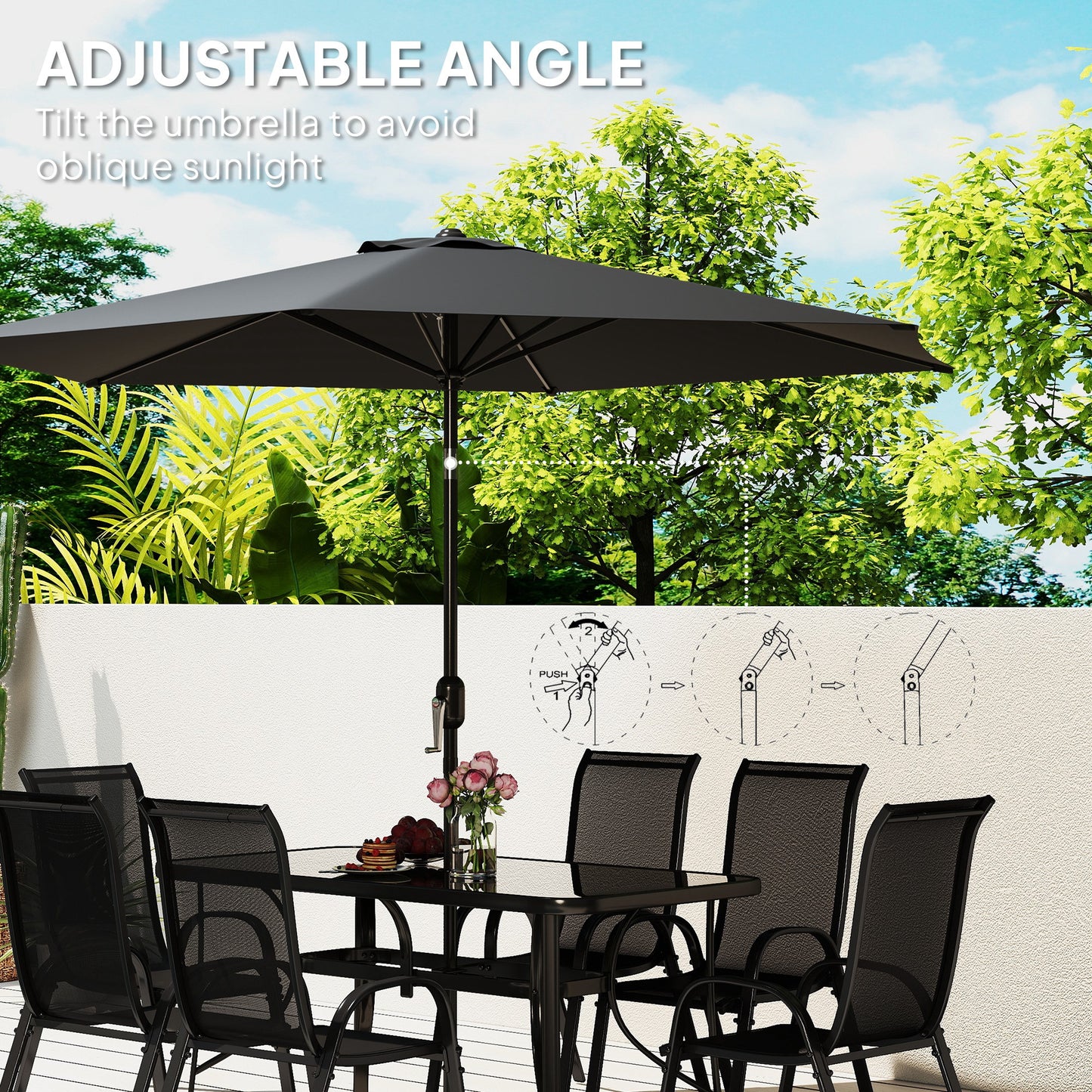 8 Pieces Patio Furniture Set with 9Ft Patio Umbrella, Outdoor Dining Table and Chairs, Black - Loving My Life Outdoors