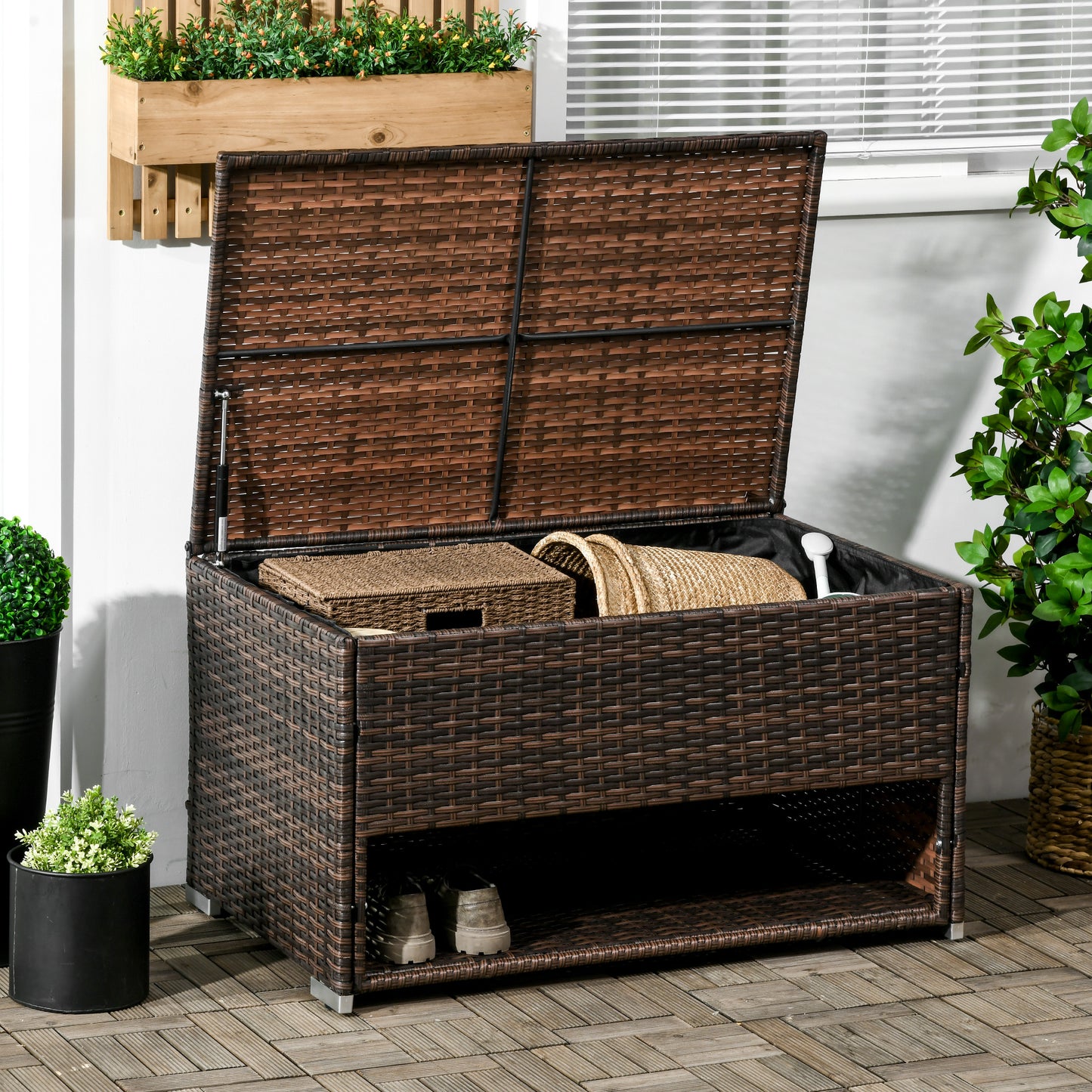 Outdoor Deck Box & Shoe Storage, PE Rattan Wicker Towel Rack with Liner for Indoor, Outdoor, Patio Furniture Cushions, Pool, Garden Tools, Brown - Loving My Life Outdoors