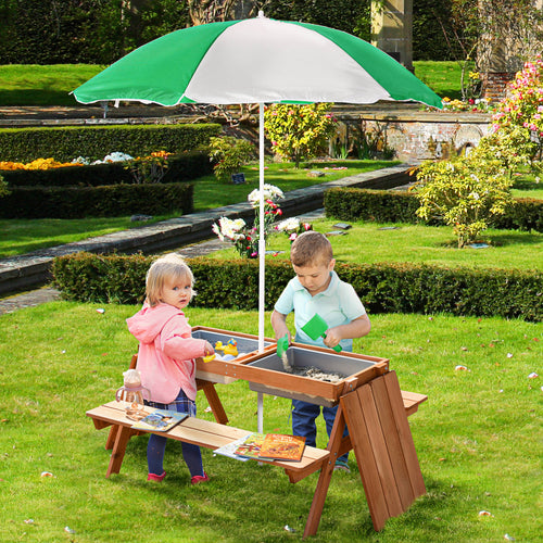 Kids 3 in 1 Sand and Water Table, Wooden Outdoor Convertible Picnic Table with Umbrella and Storage Inside.