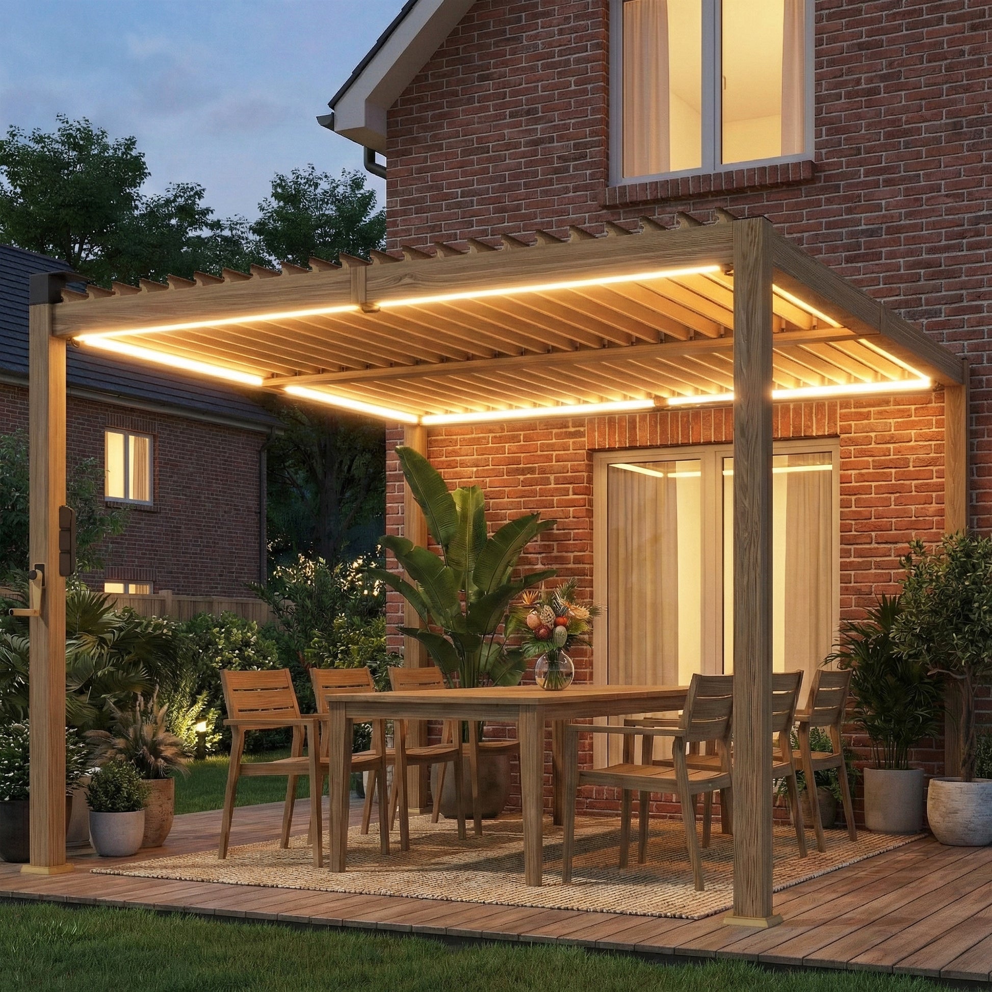 10' x 10' Louvered Pergola with Solar LED lights, Metal Roof, Outdoor Pergola Patio Gazebo with Drainage Gutters, Brown - Loving My Life Outdoors