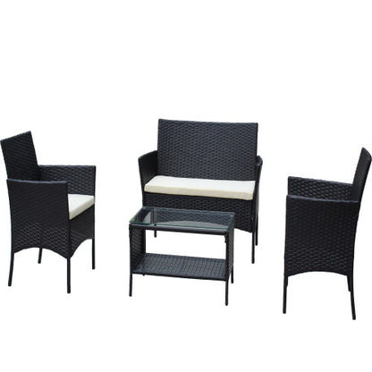 4 PC Rattan Patio Furniture Set Outdoor Patio Cushioned Seat Wicker Sofa Beige Cushion - Loving My Life Outdoors