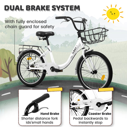 A20182 20 Inch Kids Bike For Boys & Girls, Children's Bicycle With Coaster Brake & V-Brake, 1-Speed, Chain Guard & Rear Rack, Lightweight Steel Frame Pink, Green, Purple, White - Loving My Life Outdoors