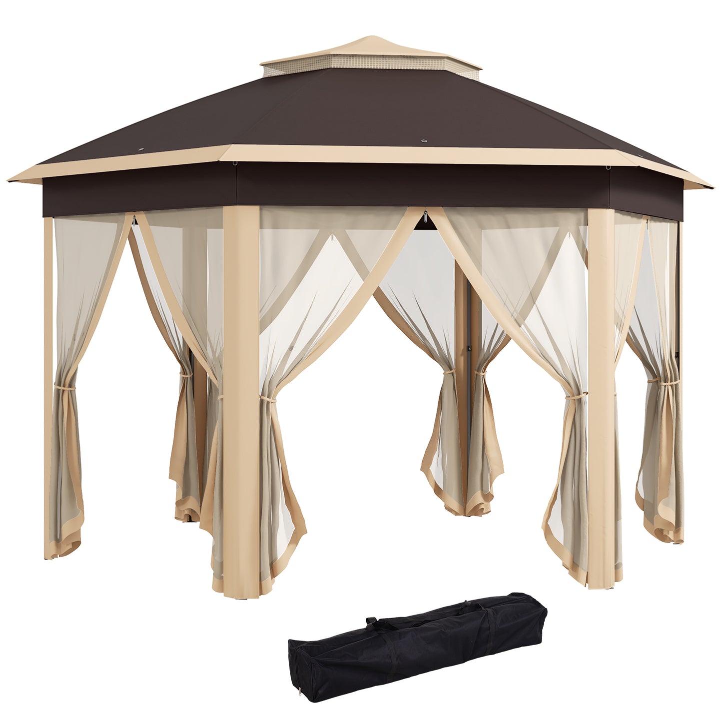 13' x 13' Pop Up Gazebo Hexagonal Canopy Shelter with 6 Zippered Mesh Netting for Patio, Backyard, Garden, Wedding, Party, Beige - Loving My Life Outdoors