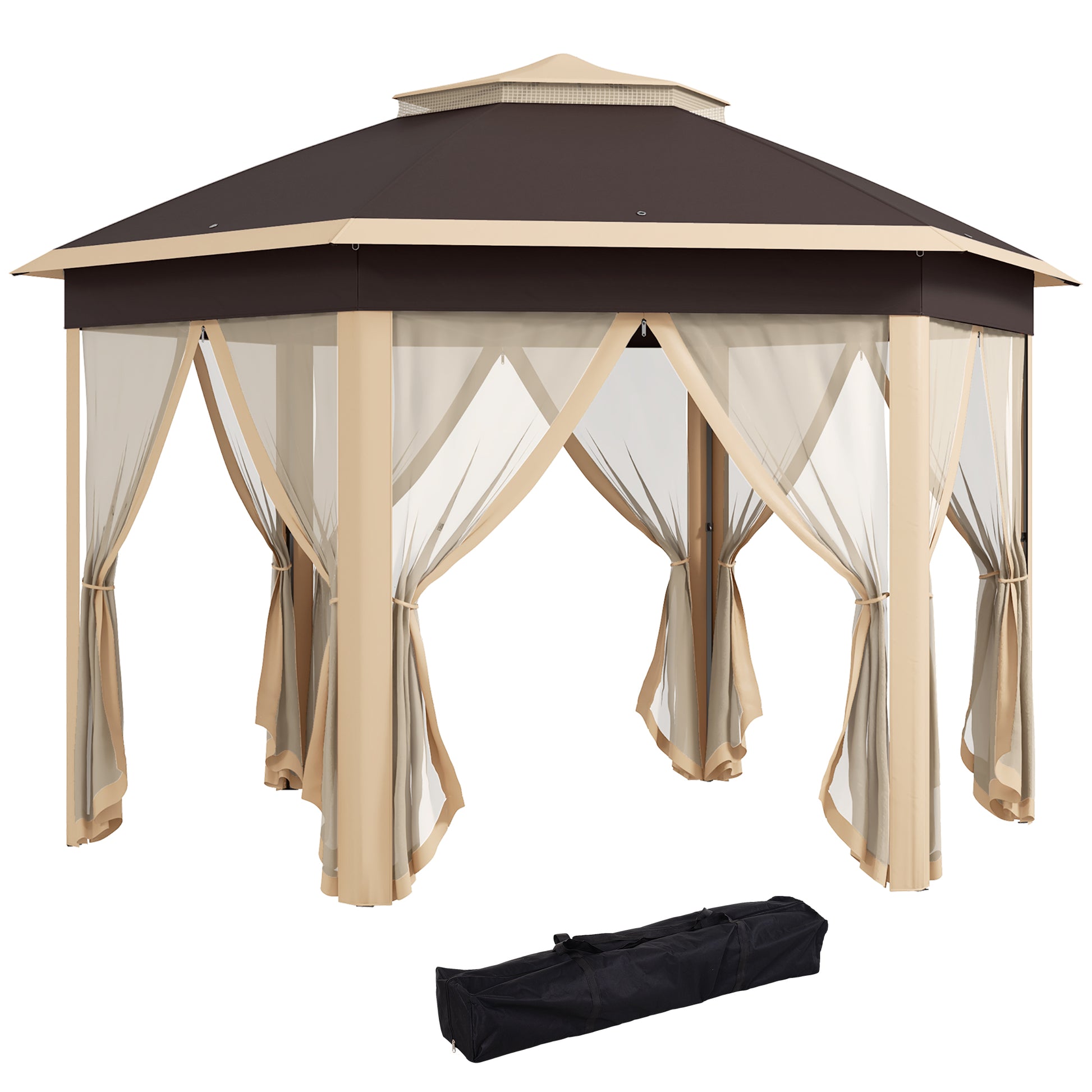 13' x 13' Pop Up Gazebo Hexagonal Canopy Shelter with 6 Zippered Mesh Netting for Patio, Backyard, Garden, Wedding, Party, Beige - Loving My Life Outdoors