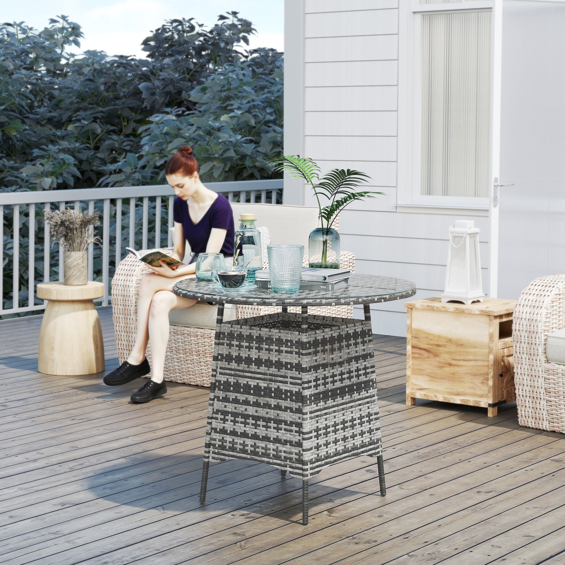 Wicker Garden Rattan Table, Patio Furniture Outdoor Coffee Table With Umbrella Hole And Tempered Glass Top, Grey - Loving My Life Outdoors