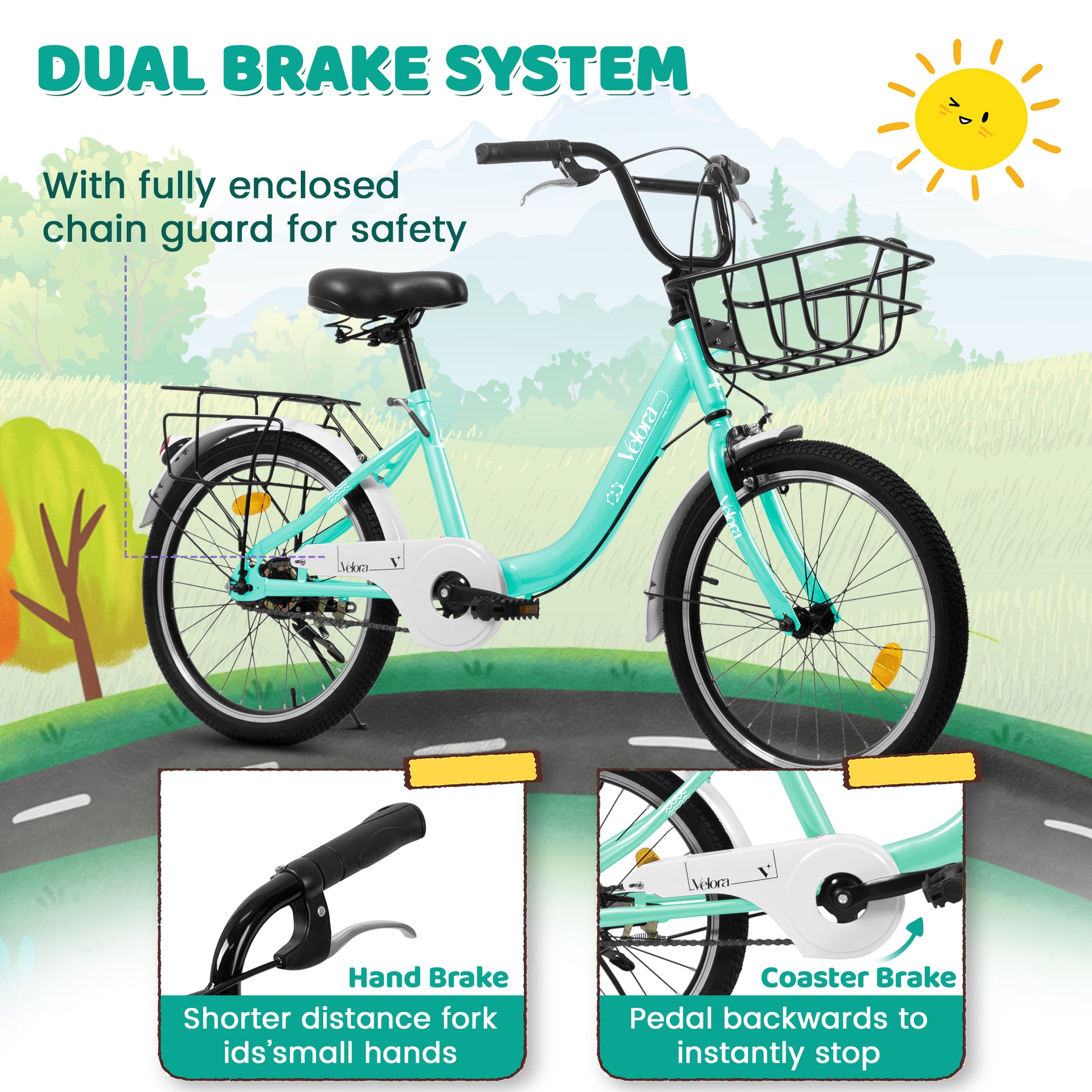 A20182 20 Inch Kids Bike For Boys & Girls, Children's Bicycle With Coaster Brake & V-Brake, 1-Speed, Chain Guard & Rear Rack, Lightweight Steel Frame Pink, Green, Purple, White - Loving My Life Outdoors
