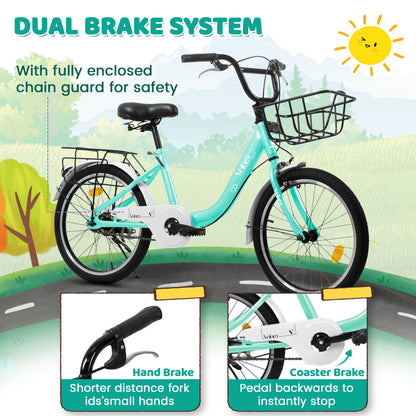 A20182 20 Inch Kids Bike For Boys & Girls, Children's Bicycle With Coaster Brake & V-Brake, 1-Speed, Chain Guard & Rear Rack, Lightweight Steel Frame Pink, Green, Purple, White - Loving My Life Outdoors