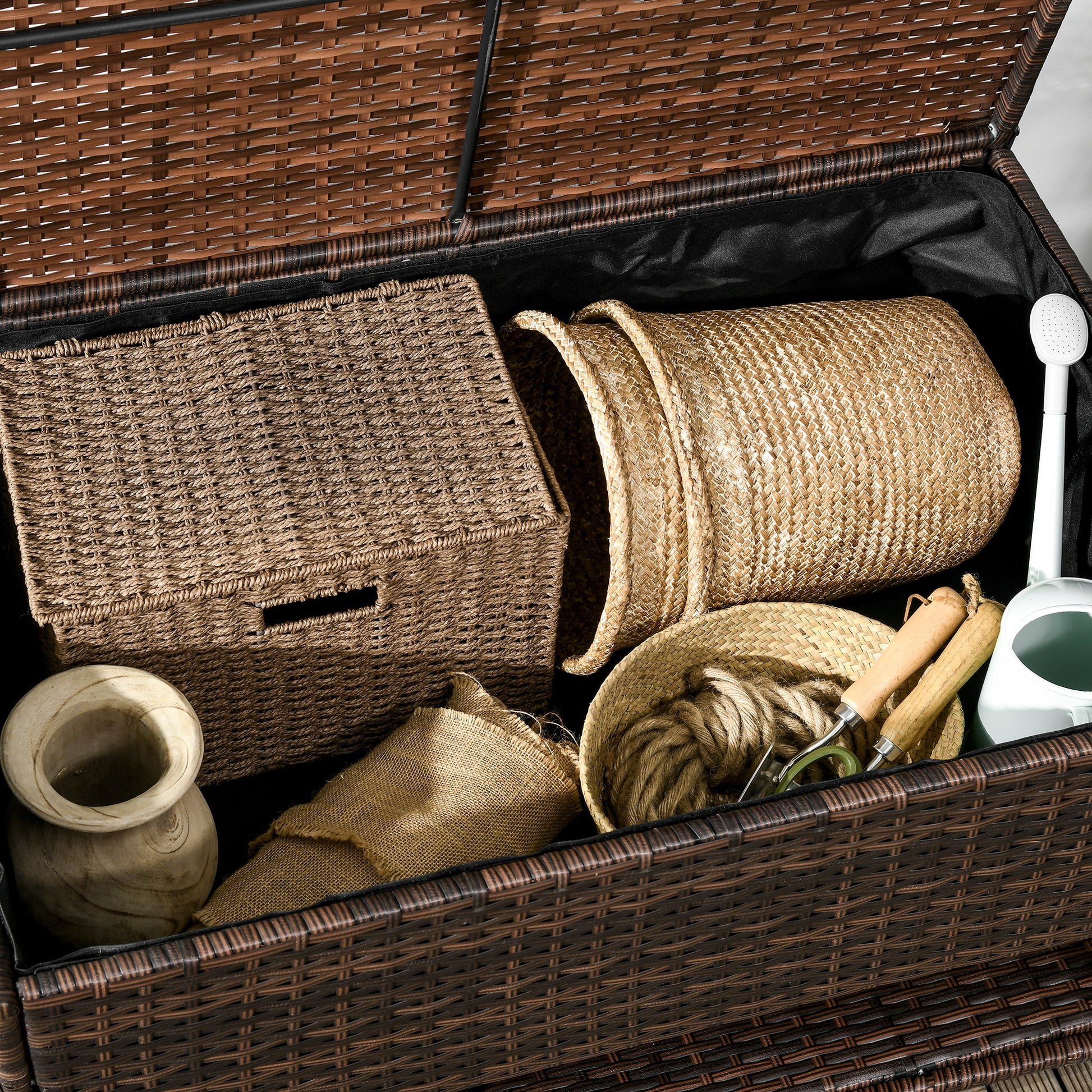 Outdoor Deck Box & Shoe Storage, PE Rattan Wicker Towel Rack with Liner for Indoor, Outdoor, Patio Furniture Cushions, Pool, Garden Tools, Brown - Loving My Life Outdoors