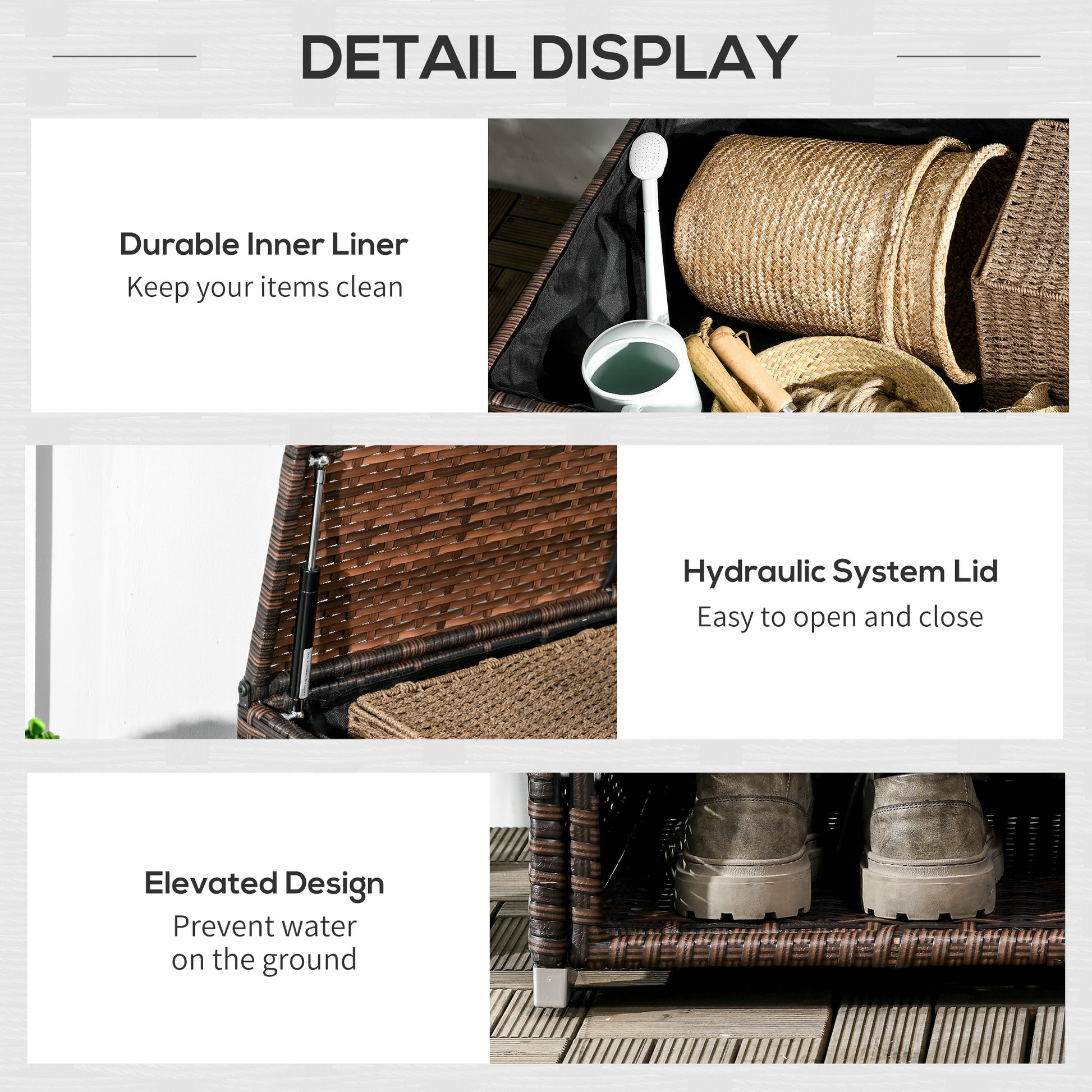 Outdoor Deck Box & Shoe Storage, PE Rattan Wicker Towel Rack with Liner for Indoor, Outdoor, Patio Furniture Cushions, Pool, Garden Tools, Brown - Loving My Life Outdoors