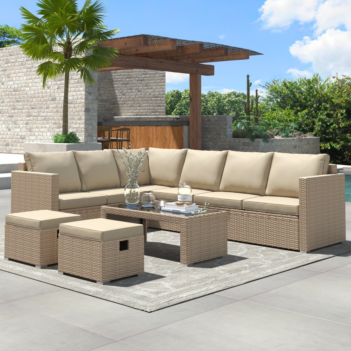 Garden Corner Sofa Set Rattan Sofa Outdoor Furniture With Coffee Table 2 Stools, Khaki - Loving My Life Outdoors
