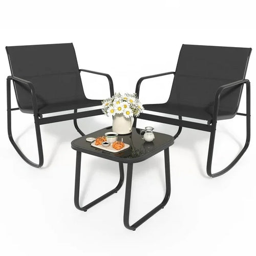 Two black chairs with a matching table on a white background