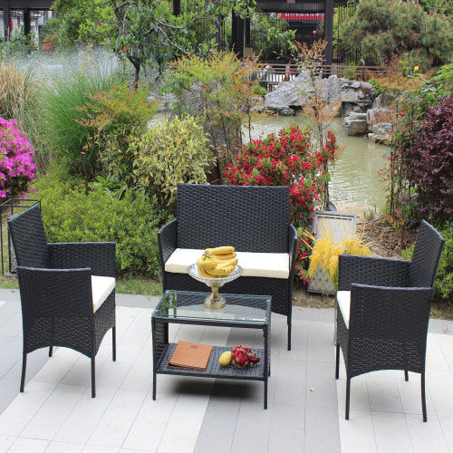 4 PC Rattan Patio Furniture Set Outdoor Patio Cushioned Seat Wicker Sofa Beige Cushion - Loving My Life Outdoors