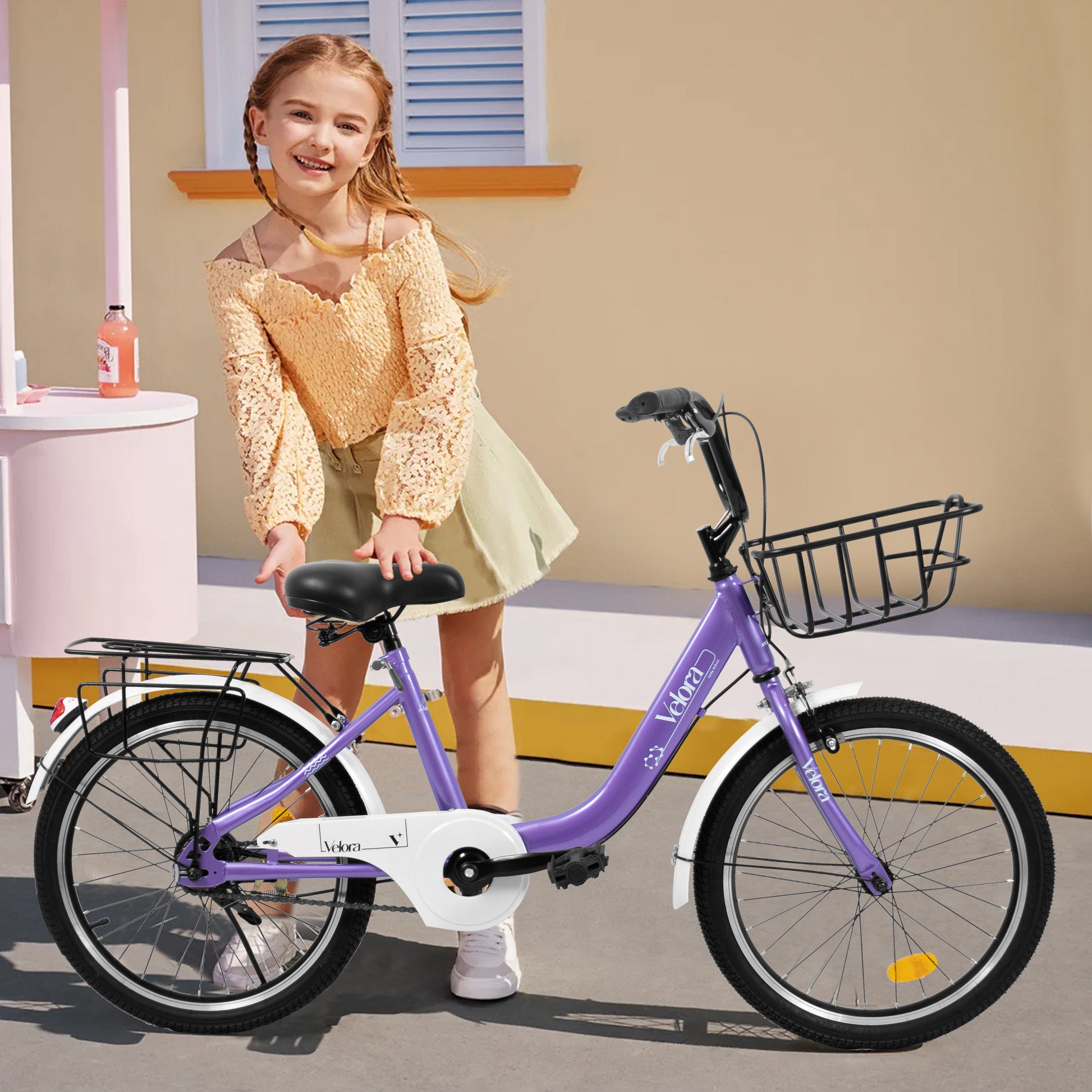 A20182 20 Inch Kids Bike For Boys & Girls, Children's Bicycle With Coaster Brake & V-Brake, 1-Speed, Chain Guard & Rear Rack, Lightweight Steel Frame Pink, Green, Purple, White - Loving My Life Outdoors
