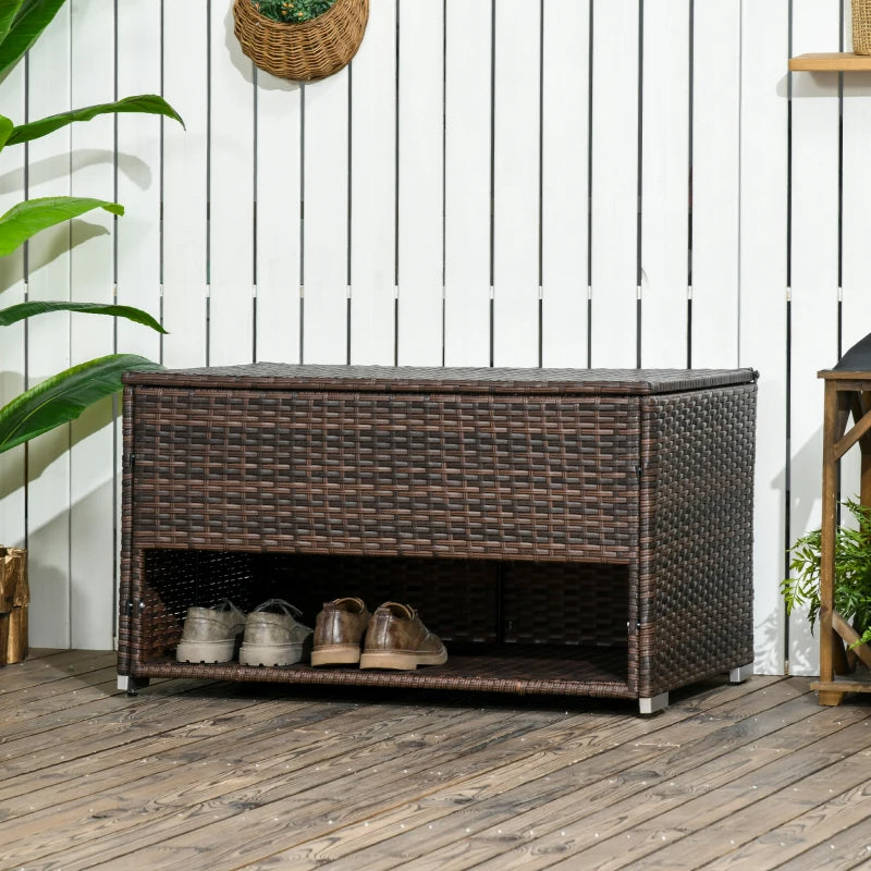 Outdoor Deck Box & Shoe Storage, PE Rattan Wicker Towel Rack With Liner For Indoor, Outdoor, Patio Furniture Cushions, Pool, Garden Tools, Brown - Loving My Life Outdoors