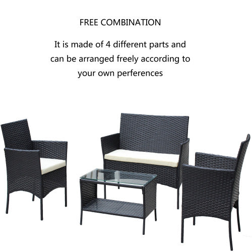 4 PC Rattan Patio Furniture Set Outdoor Patio Cushioned Seat Wicker Sofa Beige Cushion - Loving My Life Outdoors
