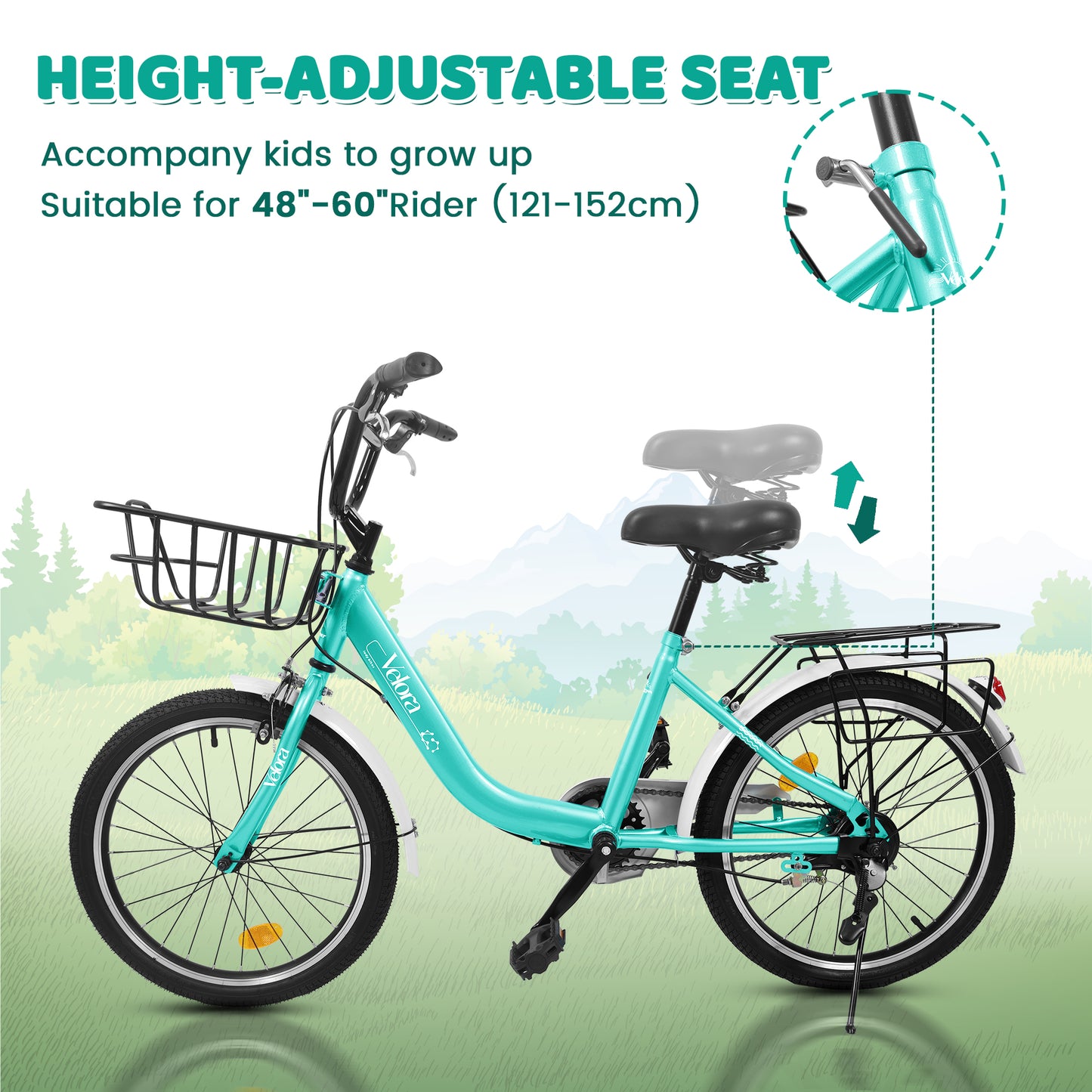 A20182 20 Inch Kids Bike For Boys & Girls, Children's Bicycle With Coaster Brake & V-Brake, 1-Speed, Chain Guard & Rear Rack, Lightweight Steel Frame Pink, Green, Purple, White - Loving My Life Outdoors