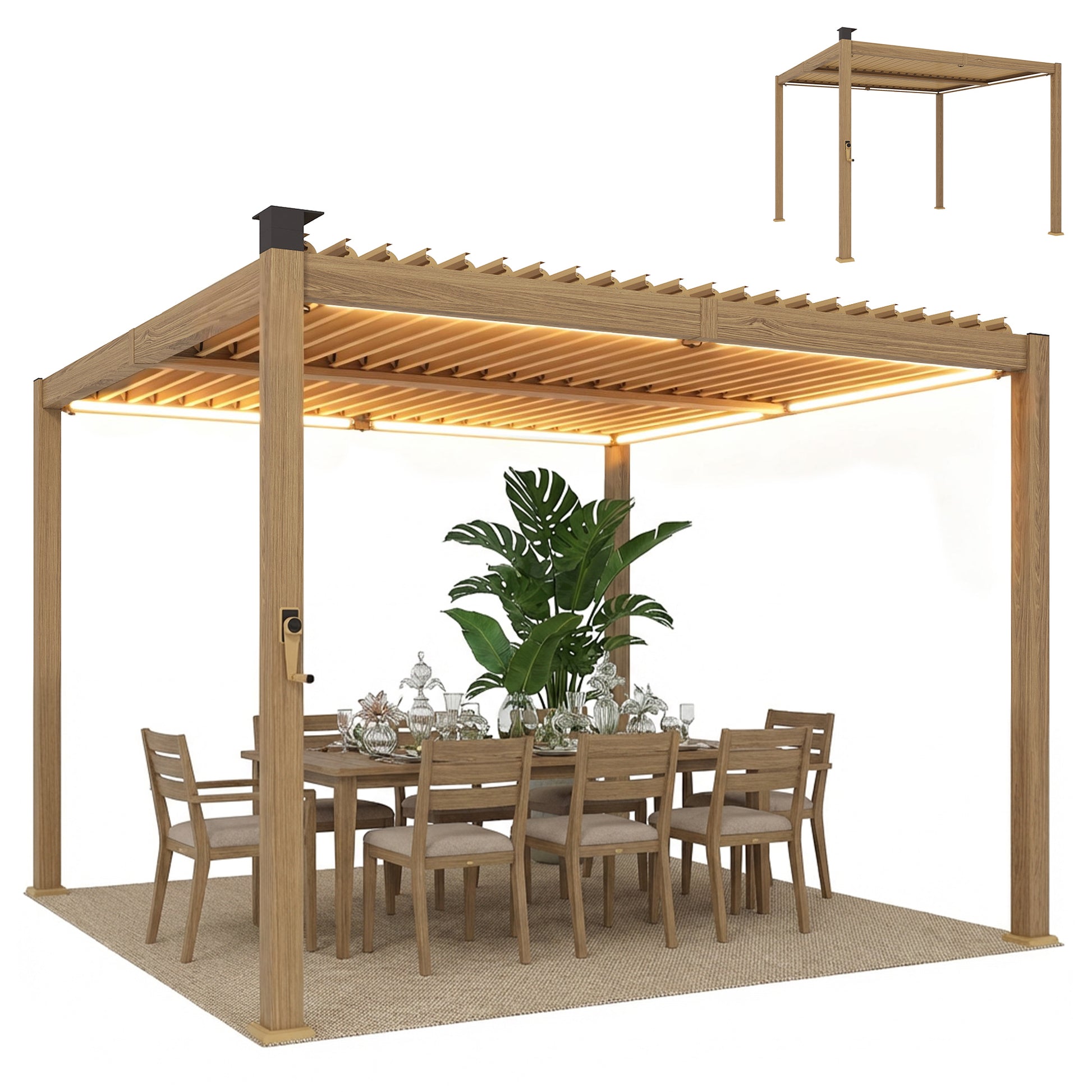 10' x 10' Louvered Pergola with Solar LED lights, Metal Roof, Outdoor Pergola Patio Gazebo with Drainage Gutters, Brown - Loving My Life Outdoors