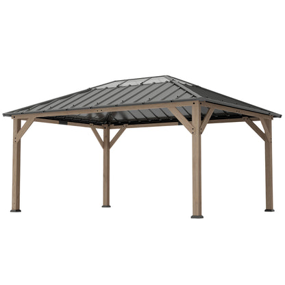 12' x 16' Hardtop Gazebo with Galvanized Steel Roof, UPF50+ Wood Permanent Pavilion with Clear Roof Top, Light Walnut - Loving My Life Outdoors