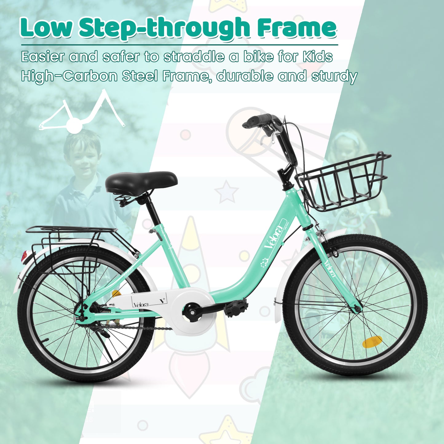 A20182 20 Inch Kids Bike For Boys & Girls, Children's Bicycle With Coaster Brake & V-Brake, 1-Speed, Chain Guard & Rear Rack, Lightweight Steel Frame Pink, Green, Purple, White - Loving My Life Outdoors