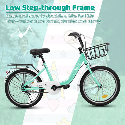 A20182 20 Inch Kids Bike For Boys & Girls, Children's Bicycle With Coaster Brake & V-Brake, 1-Speed, Chain Guard & Rear Rack, Lightweight Steel Frame Pink, Green, Purple, White - Loving My Life Outdoors