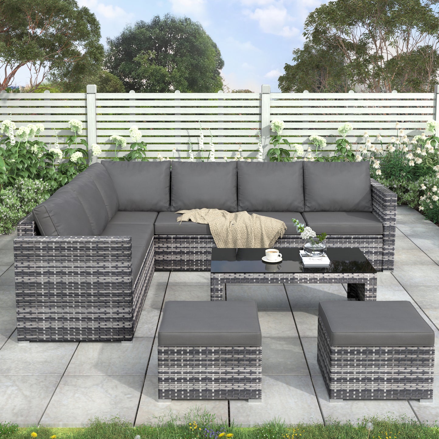 Garden Corner Sofa Set Rattan Sofa Outdoor Furniture With Coffee Table 2 Stools - Loving My Life Outdoors