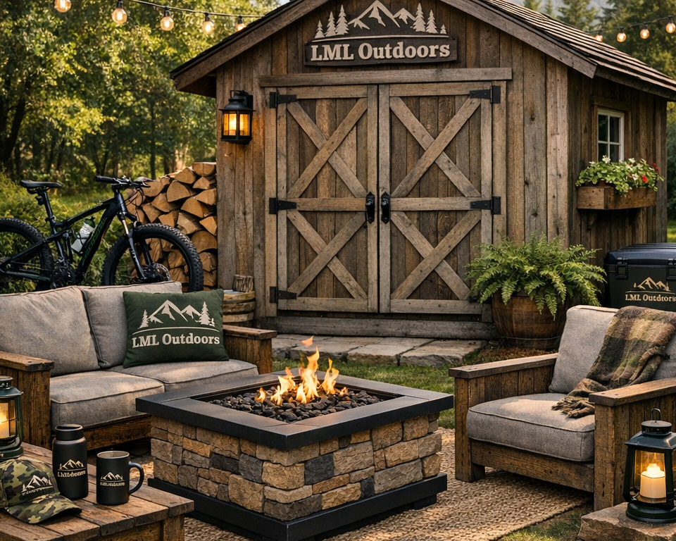 Outdoor patio setup with fire pit, wooden shed, and furniture.