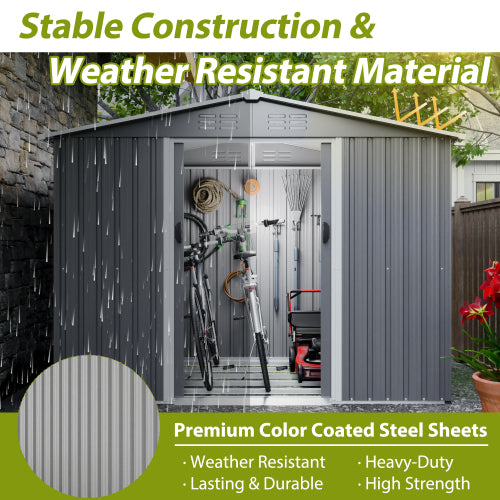 8x6 FT Outdoor Tool Storage Shed With Metal Foundation & Lockable Doors, All Weather Metal Sheds For Garden, Patio, Backyard, Lawn, Gray - Loving My Life Outdoors
