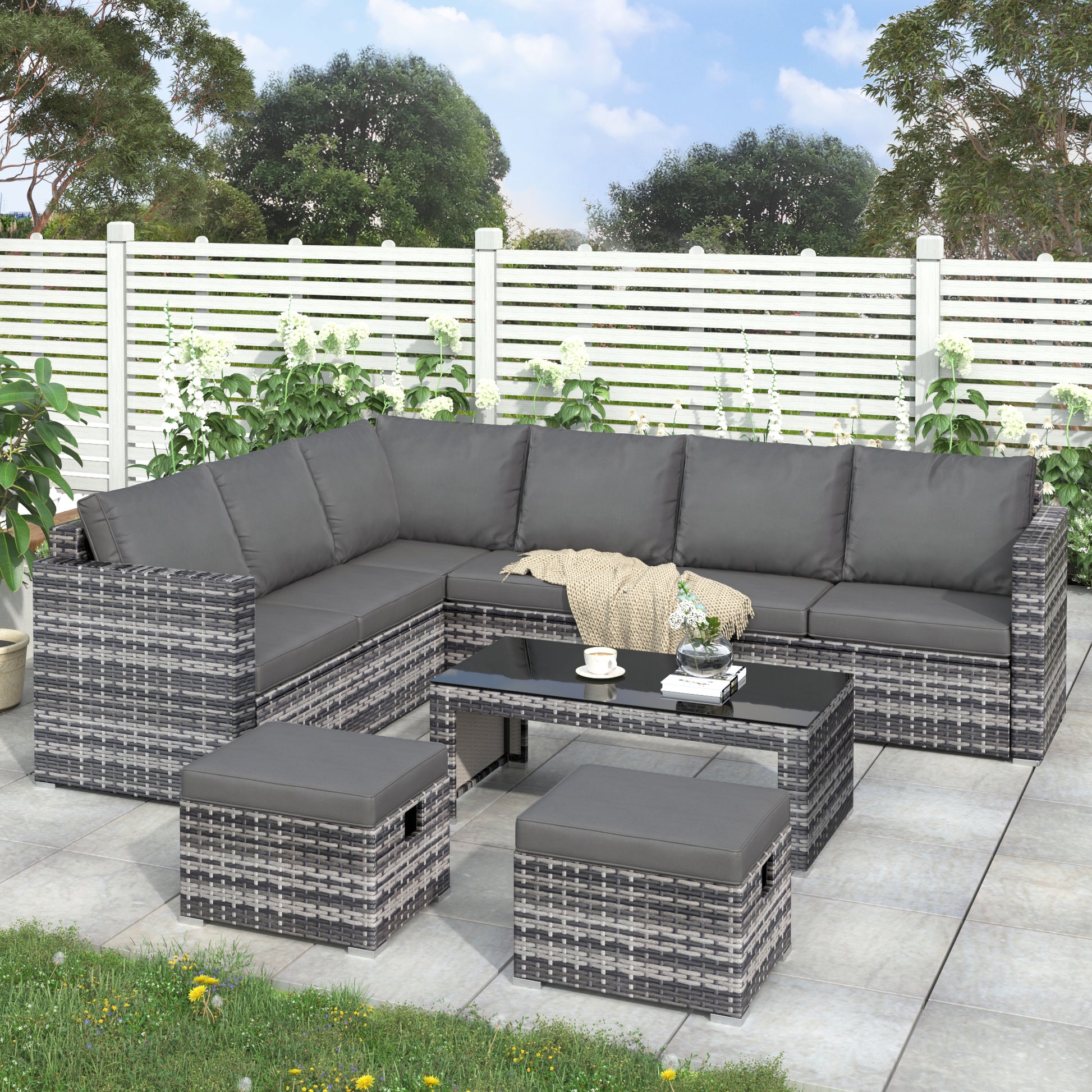 Garden Corner Sofa Set Rattan Sofa Outdoor Furniture With Coffee Table 2 Stools - Loving My Life Outdoors
