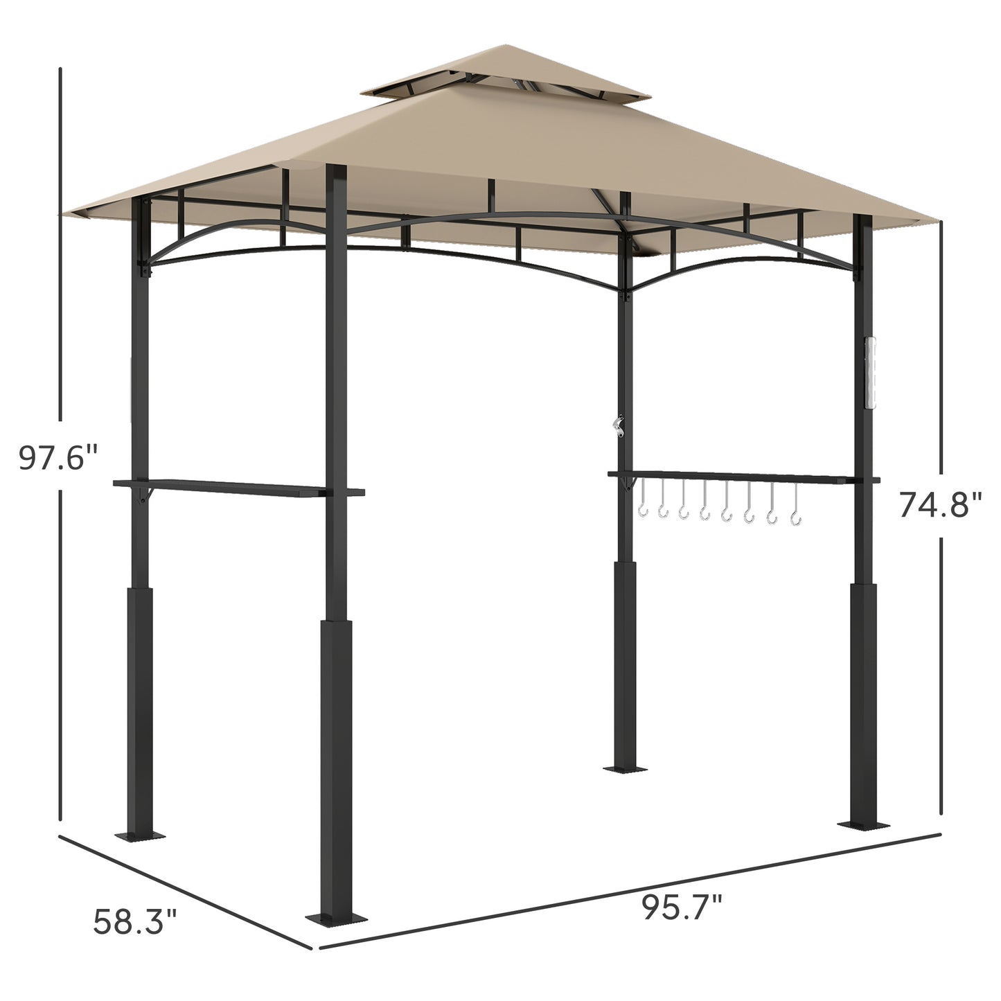 8' x 5' Outdoor Grill Gazebo, Barbecue Gazebo Shelter with LED Light, 2 Side Shelves, Hooks, Bottle Opener, Khaki - Loving My Life Outdoors
