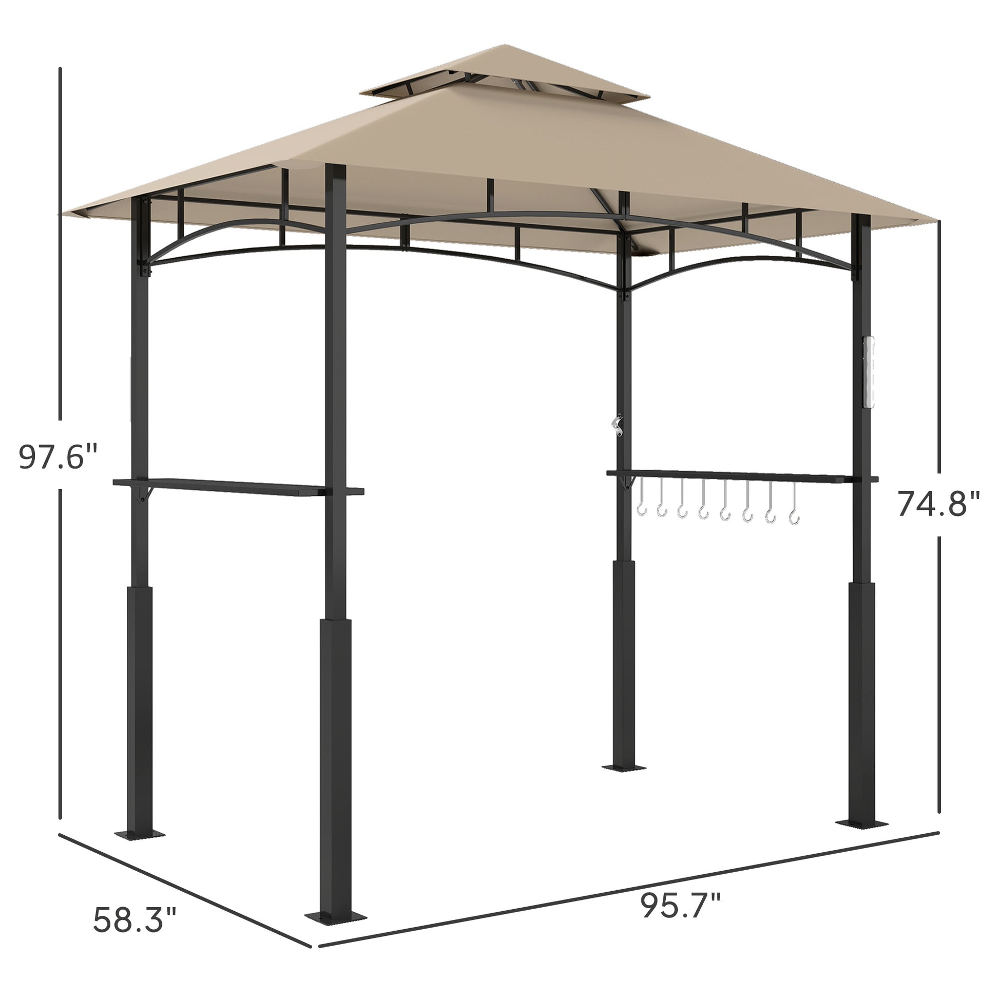 8' x 5' Outdoor Grill Gazebo, Barbecue Gazebo Shelter with LED Light, 2 Side Shelves, Hooks, Bottle Opener, Khaki - Loving My Life Outdoors