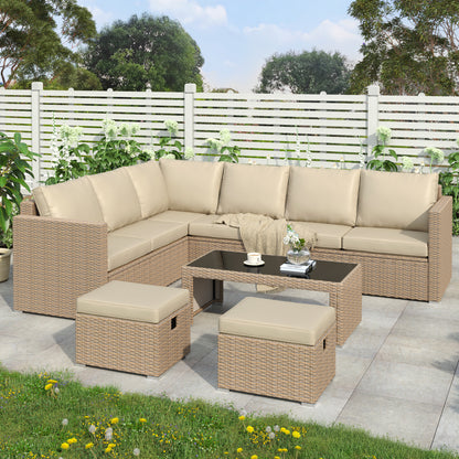 Garden Corner Sofa Set Rattan Sofa Outdoor Furniture With Coffee Table 2 Stools, Khaki - Loving My Life Outdoors