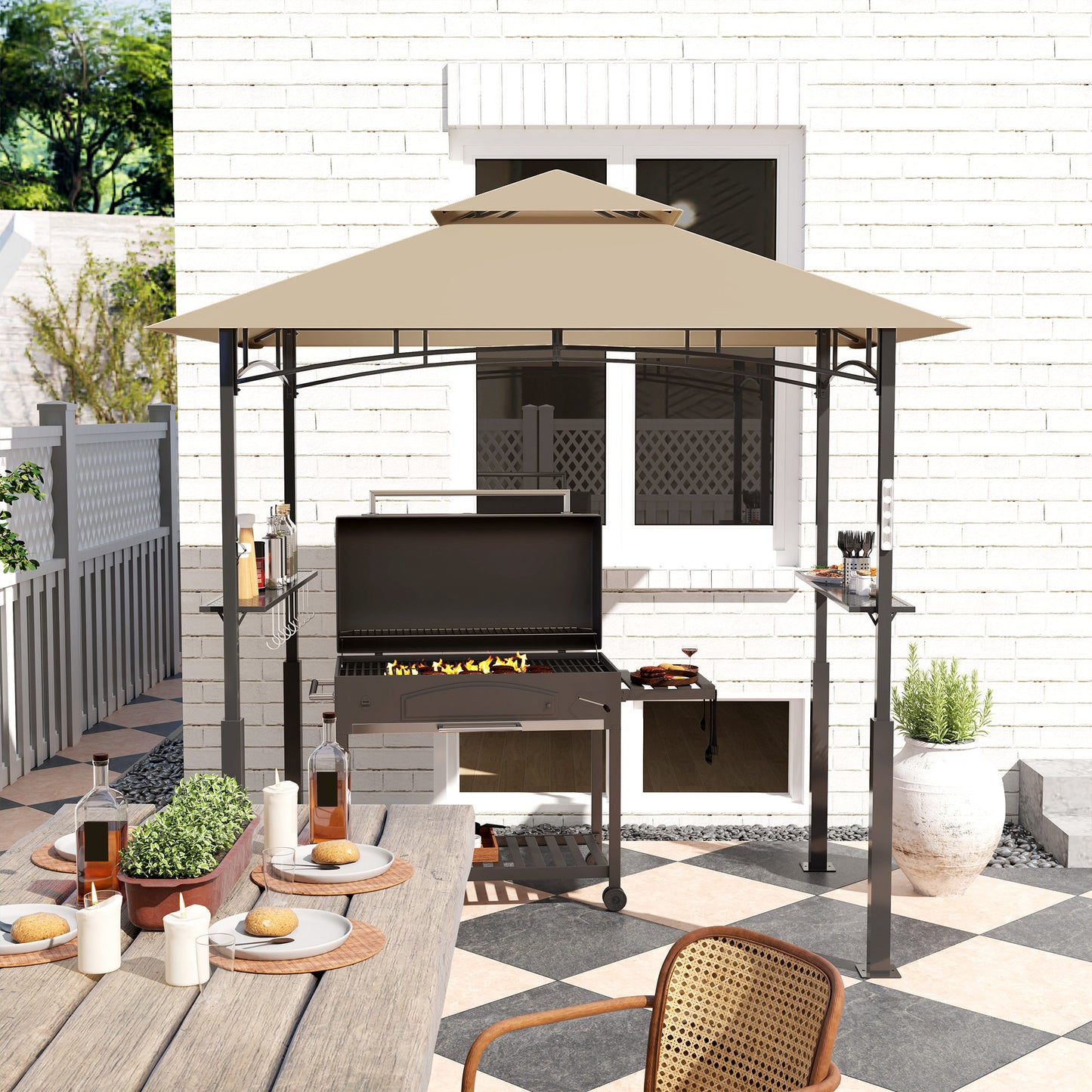 8' x 5' Outdoor Grill Gazebo, Barbecue Gazebo Shelter with LED Light, 2 Side Shelves, Hooks, Bottle Opener, Khaki - Loving My Life Outdoors