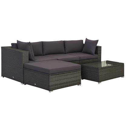 5-Piece Outdoor Sectional Furniture, Patio Sofa Set, PE Wicker Couch, Cushions, Pillows, Ottoman, Table, Charcoal - Loving My Life Outdoors