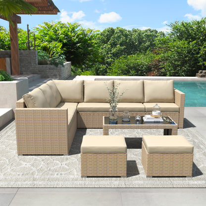 Garden Corner Sofa Set Rattan Sofa Outdoor Furniture With Coffee Table 2 Stools, Khaki - Loving My Life Outdoors