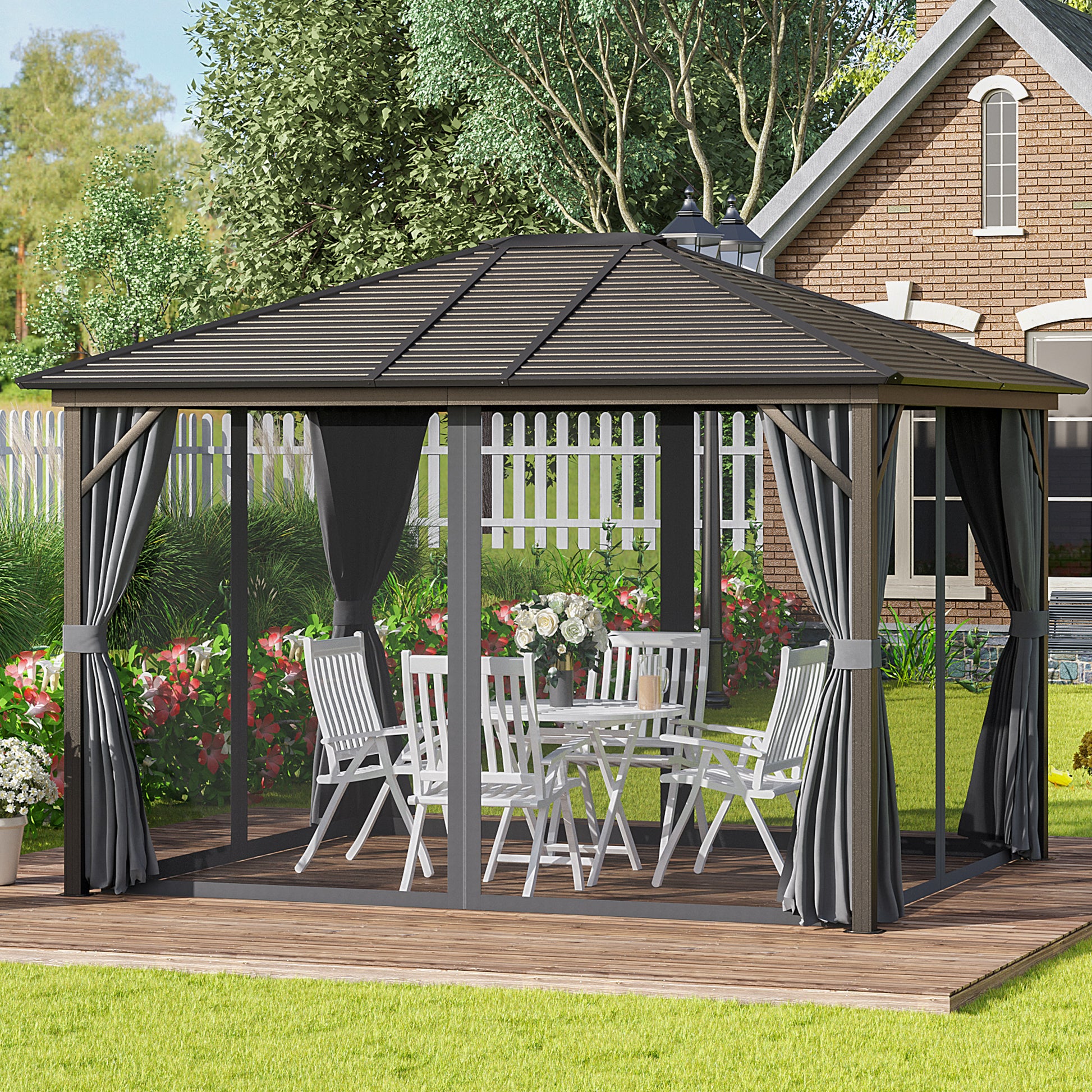 10' x 12' Hardtop Gazebo with Curtains and Netting, Gazebo Canopy with Aluminum Frame and Hooks, Dark Gray - Loving My Life Outdoors