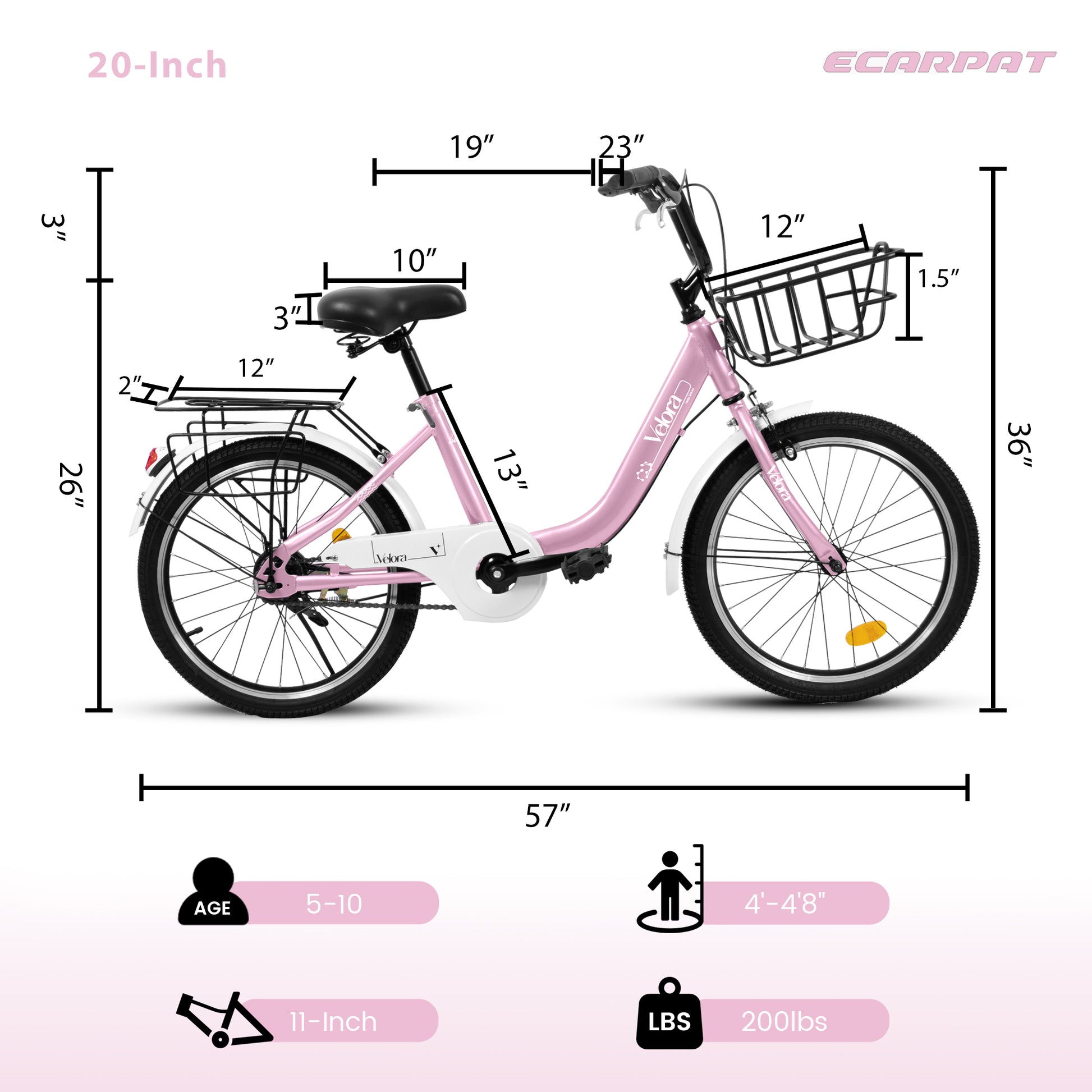 A20182 20 Inch Kids Bike For Boys & Girls, Children's Bicycle With Coaster Brake & V-Brake, 1-Speed, Chain Guard & Rear Rack, Lightweight Steel Frame Pink, Green, Purple, White - Loving My Life Outdoors