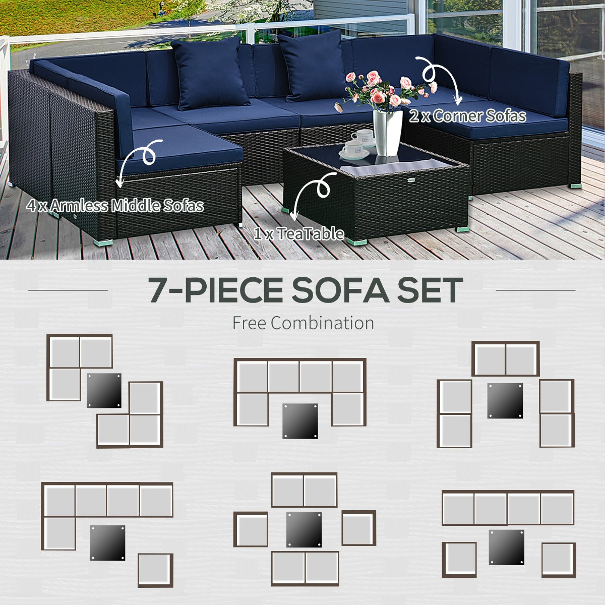 7 Piece Set Rattan Sofa Luxury Modular Conversation Outdoor Furniture - Deep Blue - Loving My Life Outdoors