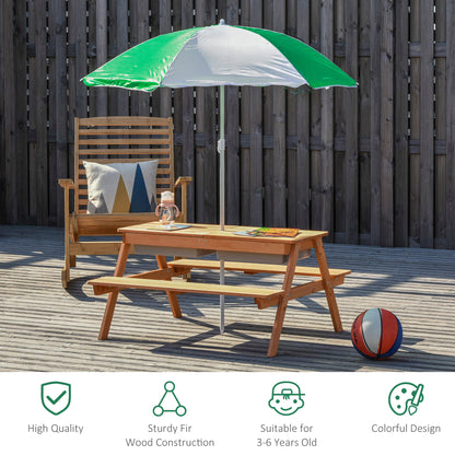 Kids 3 in 1 Sand and Water Table, Wooden Outdoor Convertible Picnic Table with Umbrella and Storage Inside.