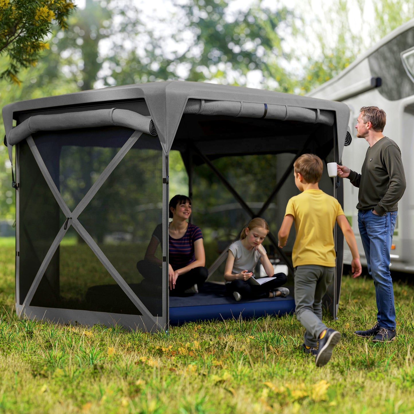 11 x 11ft Pop Up Gazebo Screen Tent with Removable Roof Cover, Roll-up Wind Panels for Camping, Backyard, Dark Gray - Loving My Life Outdoors