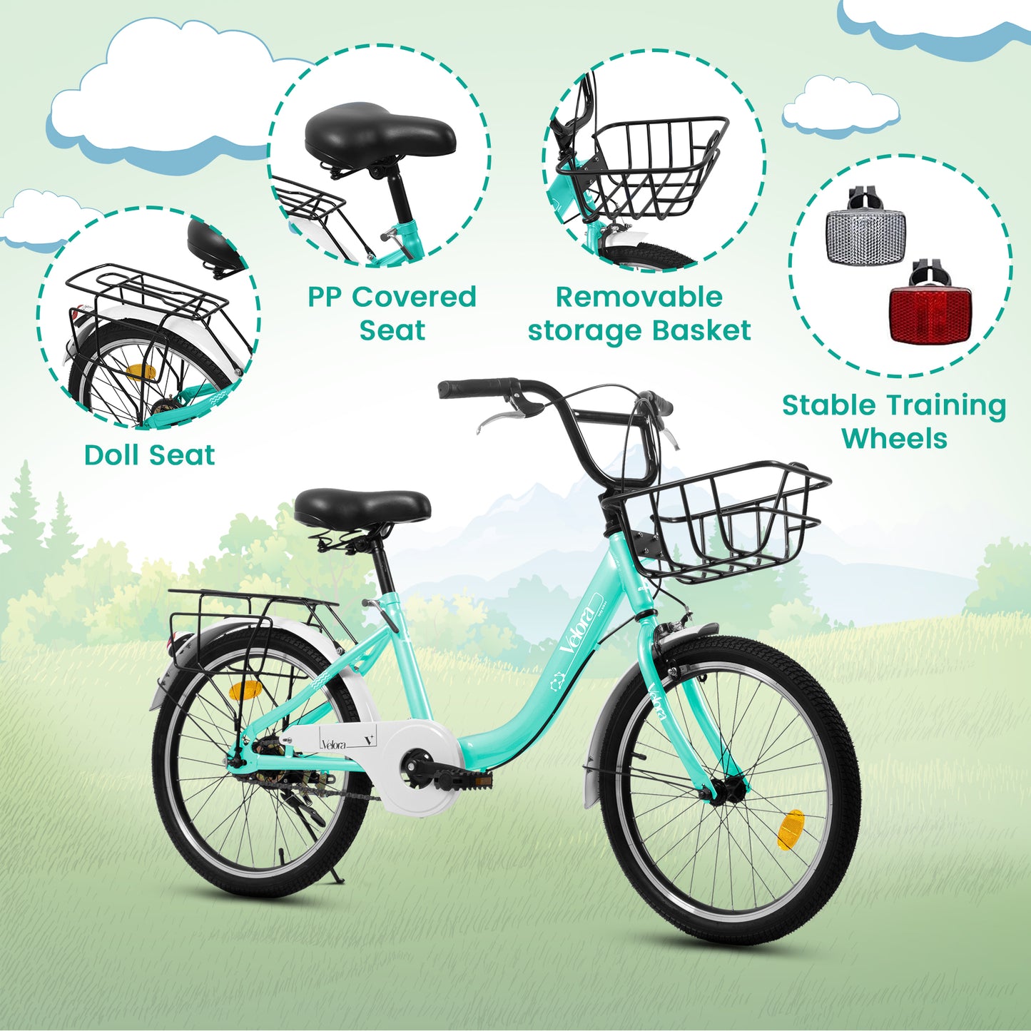 A20182 20 Inch Kids Bike For Boys & Girls, Children's Bicycle With Coaster Brake & V-Brake, 1-Speed, Chain Guard & Rear Rack, Lightweight Steel Frame Pink, Green, Purple, White - Loving My Life Outdoors