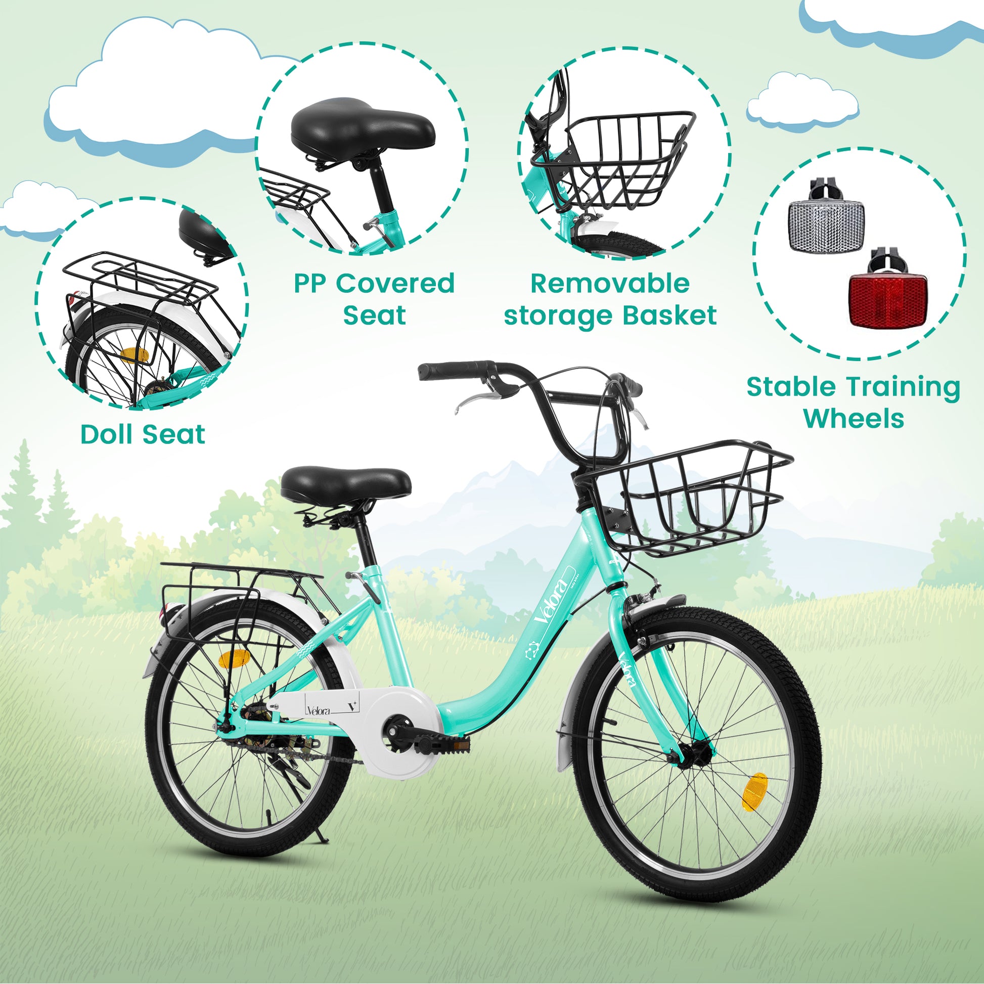 A20182 20 Inch Kids Bike For Boys & Girls, Children's Bicycle With Coaster Brake & V-Brake, 1-Speed, Chain Guard & Rear Rack, Lightweight Steel Frame Pink, Green, Purple, White - Loving My Life Outdoors