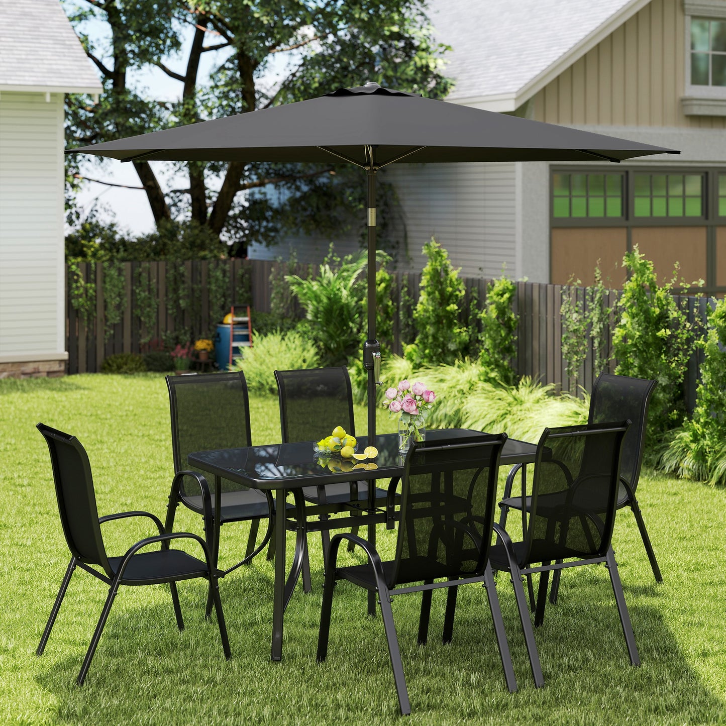 8 Pieces Patio Furniture Set with 9Ft Patio Umbrella, Outdoor Dining Table and Chairs, Black - Loving My Life Outdoors