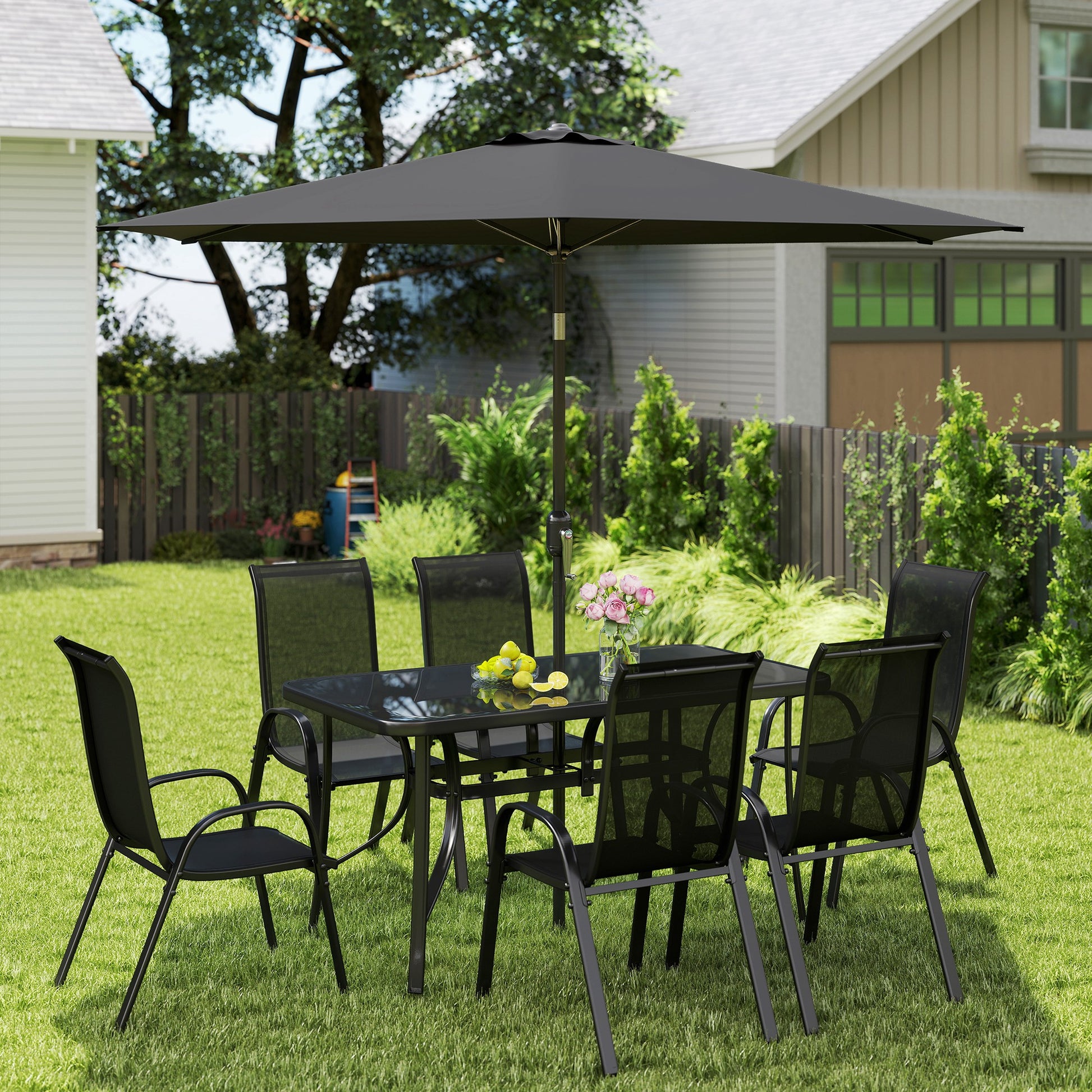 8 Pieces Patio Furniture Set with 9Ft Patio Umbrella, Outdoor Dining Table and Chairs, Black - Loving My Life Outdoors